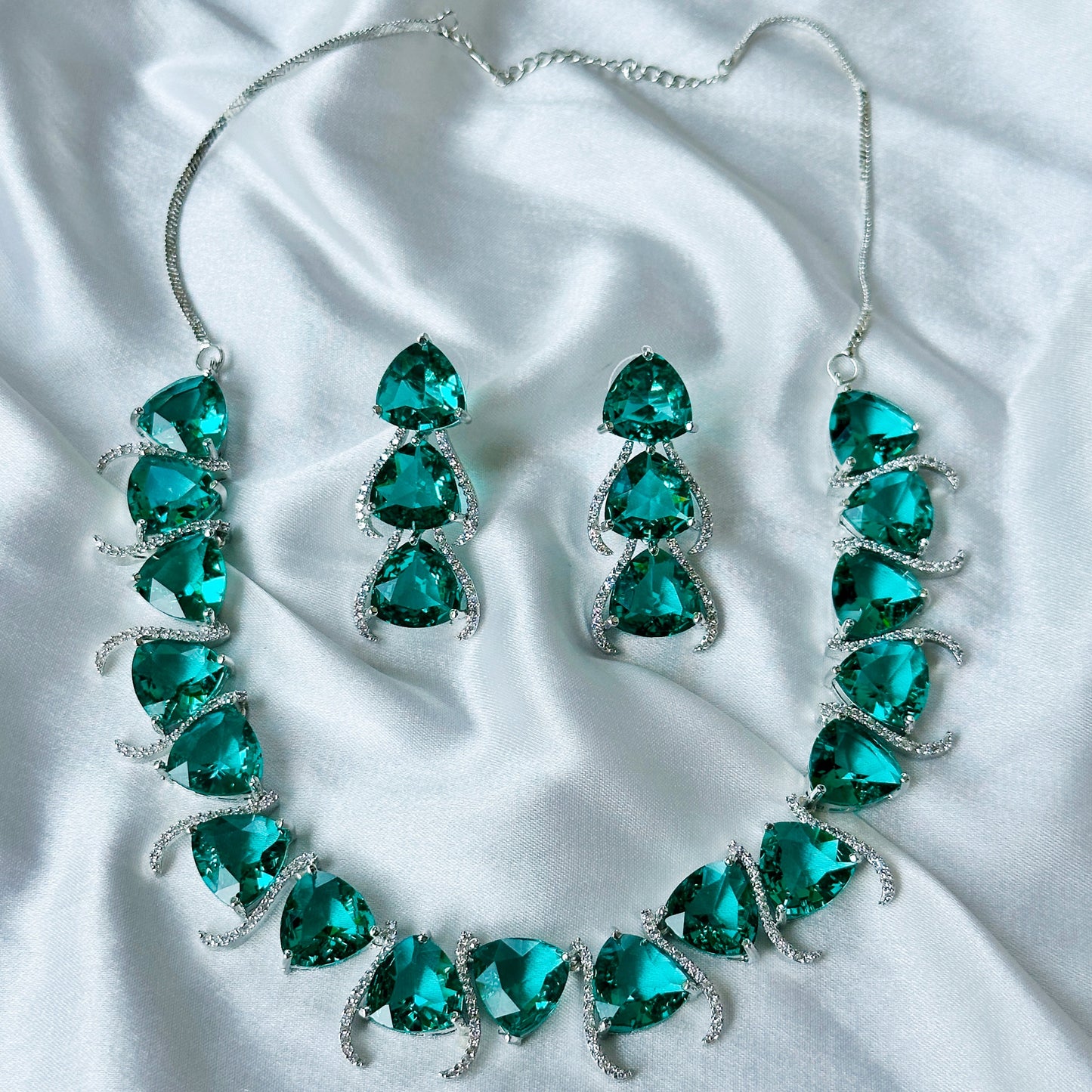 Sea Green Topaz Cubic Zirconia American Diamond Silver Plated Necklace Set
