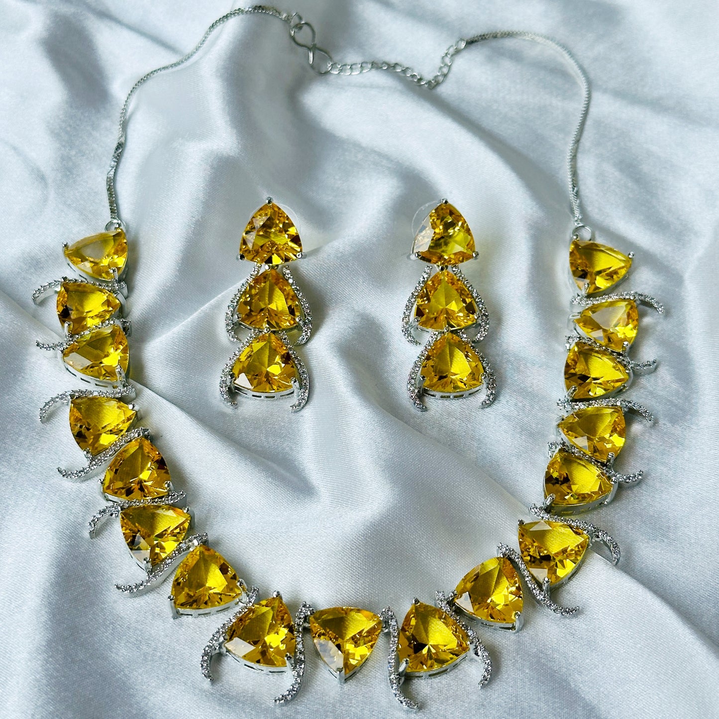 Yellow Topaz Cubic Zircon Stone American Diamond Silver Plated Necklace Set