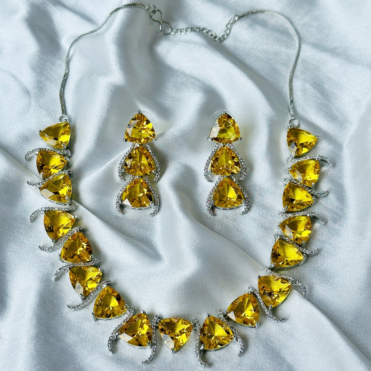 Yellow Topaz Cubic Zircon Stone American Diamond Silver Plated Necklace Set