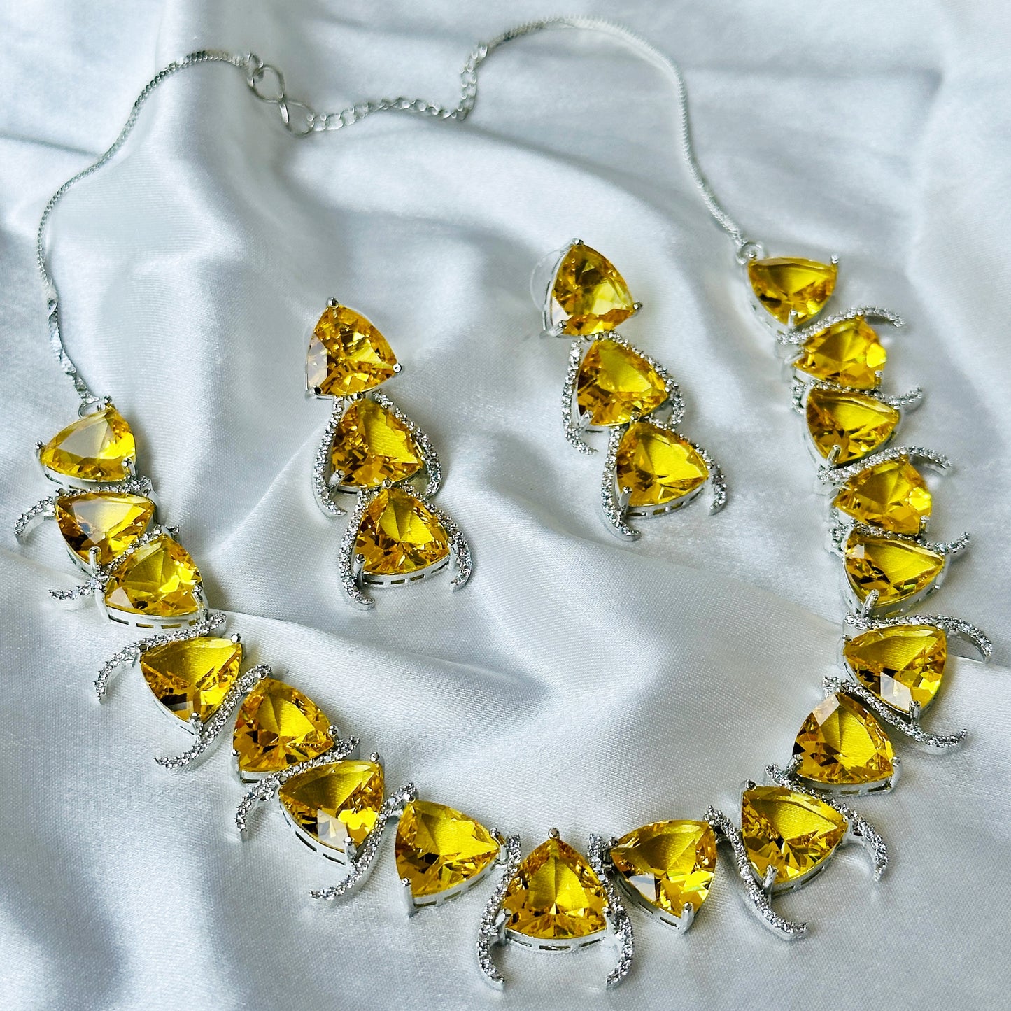 Yellow Topaz Cubic Zircon Stone American Diamond Silver Plated Necklace Set