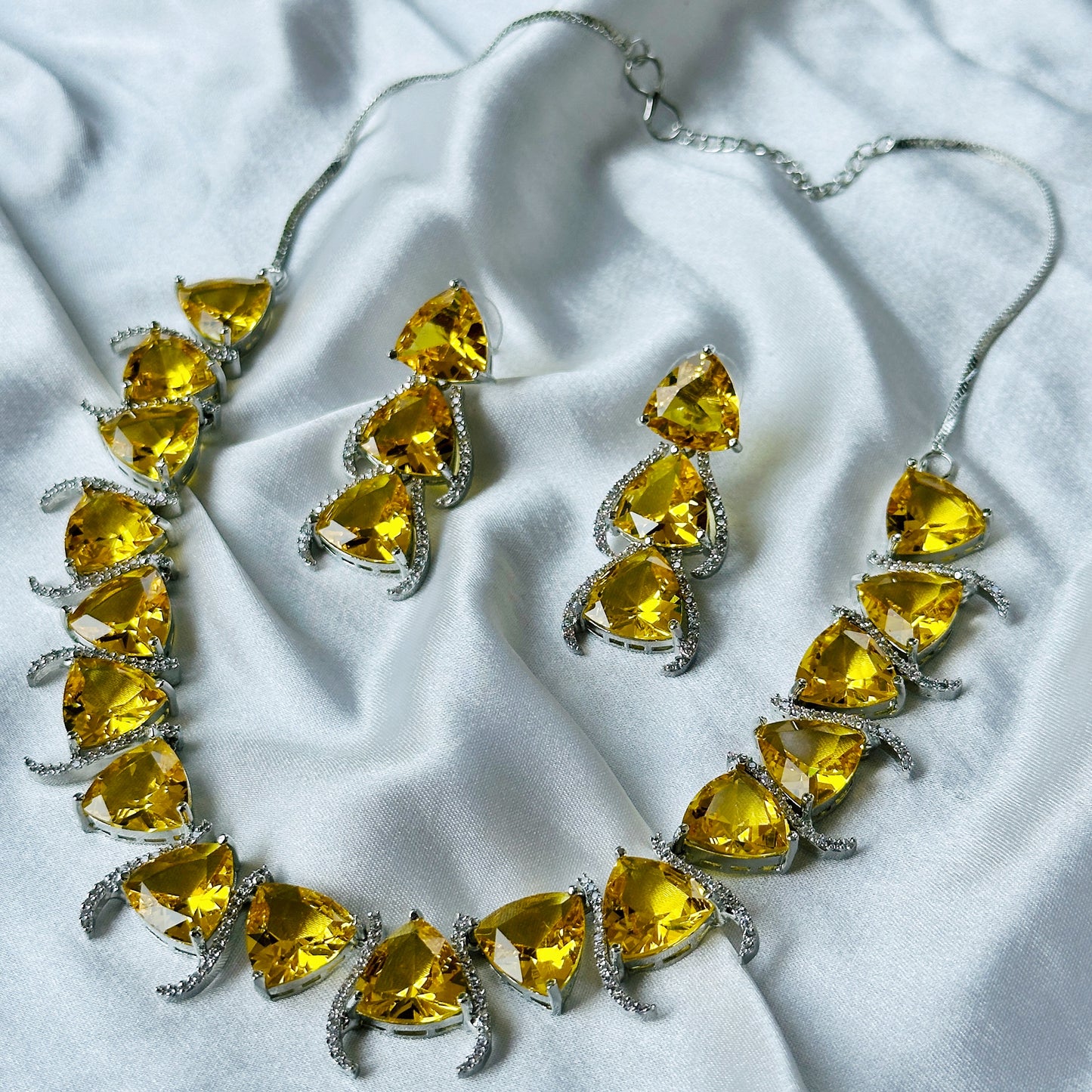 Yellow Topaz Cubic Zircon Stone American Diamond Silver Plated Necklace Set