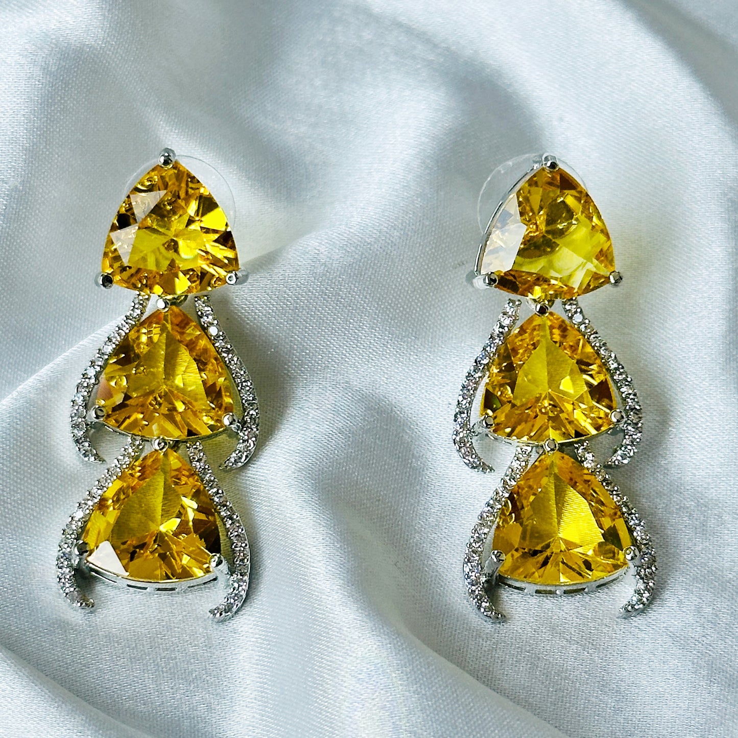 Yellow Topaz Cubic Zircon Stone American Diamond Silver Plated Necklace Set