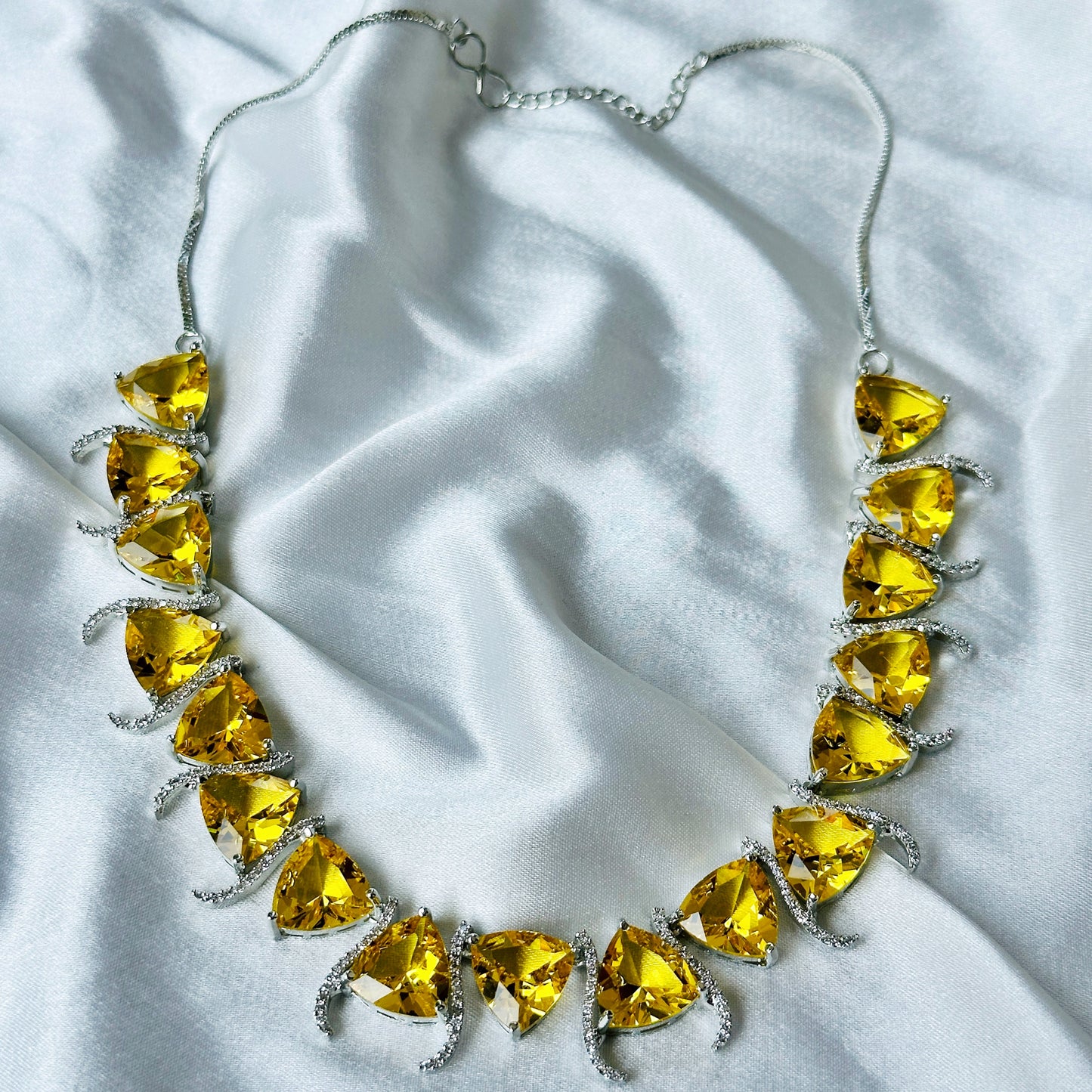 Yellow Topaz Cubic Zircon Stone American Diamond Silver Plated Necklace Set