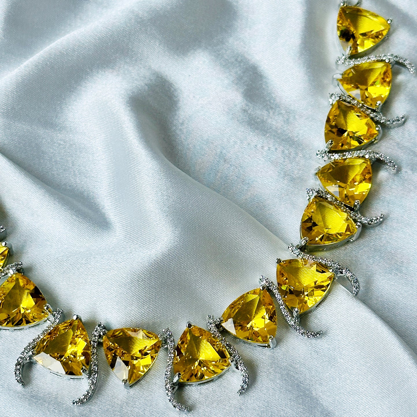 Yellow Topaz Cubic Zircon Stone American Diamond Silver Plated Necklace Set