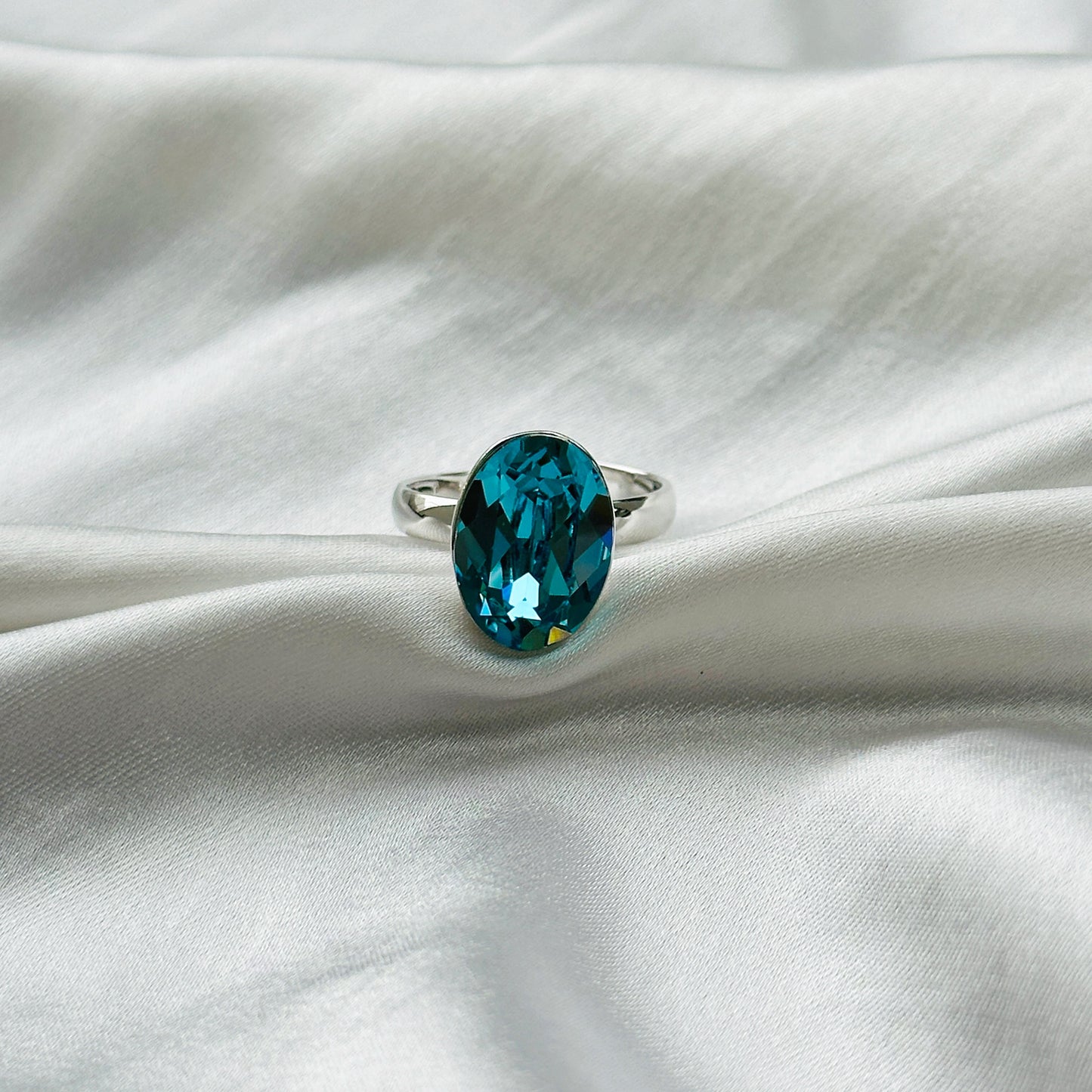 Aqua Blue Indicolite Swarovski Crystal Silver Plated Adjustable Ring