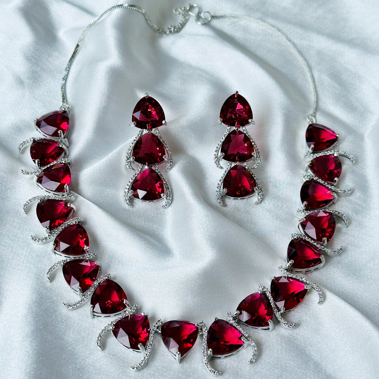 Red Ruby Cubic Zircon Stone American Diamond Silver Plated Necklace Set