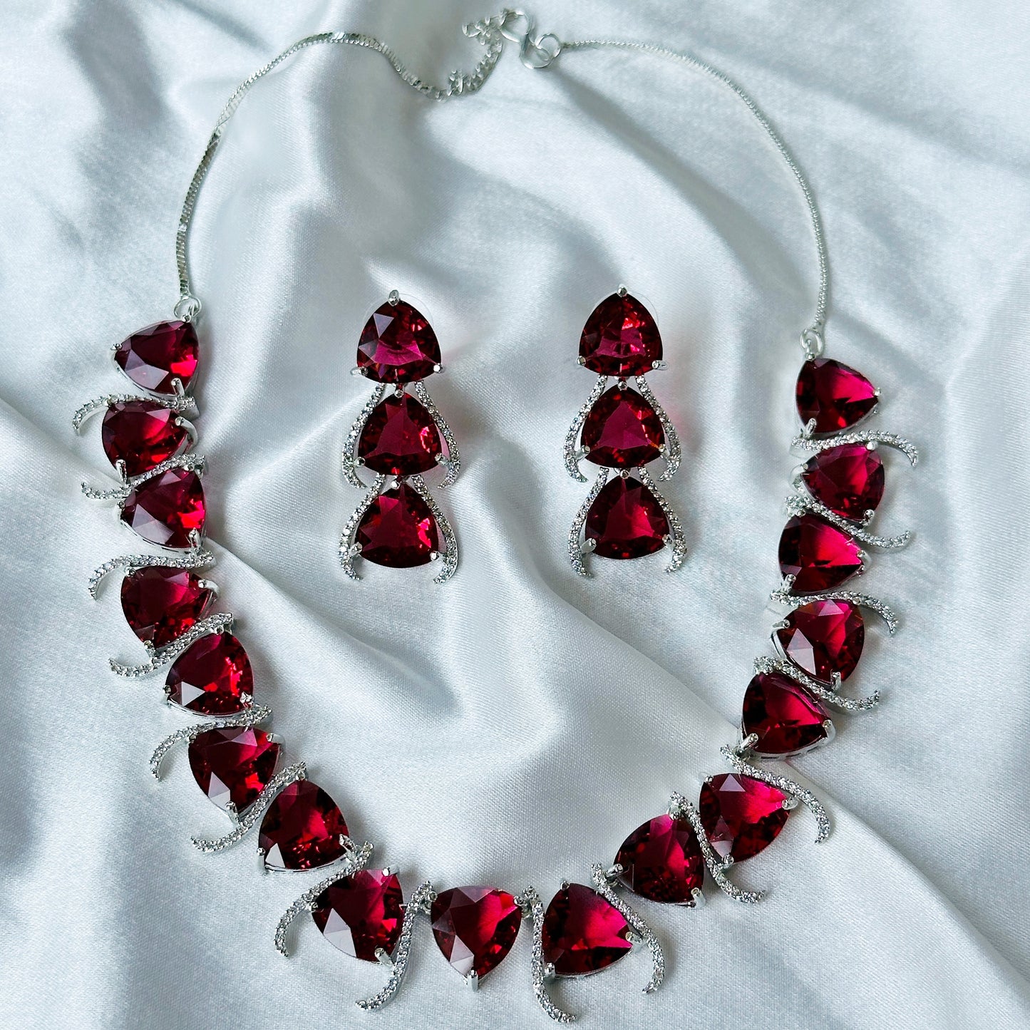 Red Ruby Cubic Zircon Stone American Diamond Silver Plated Necklace Set