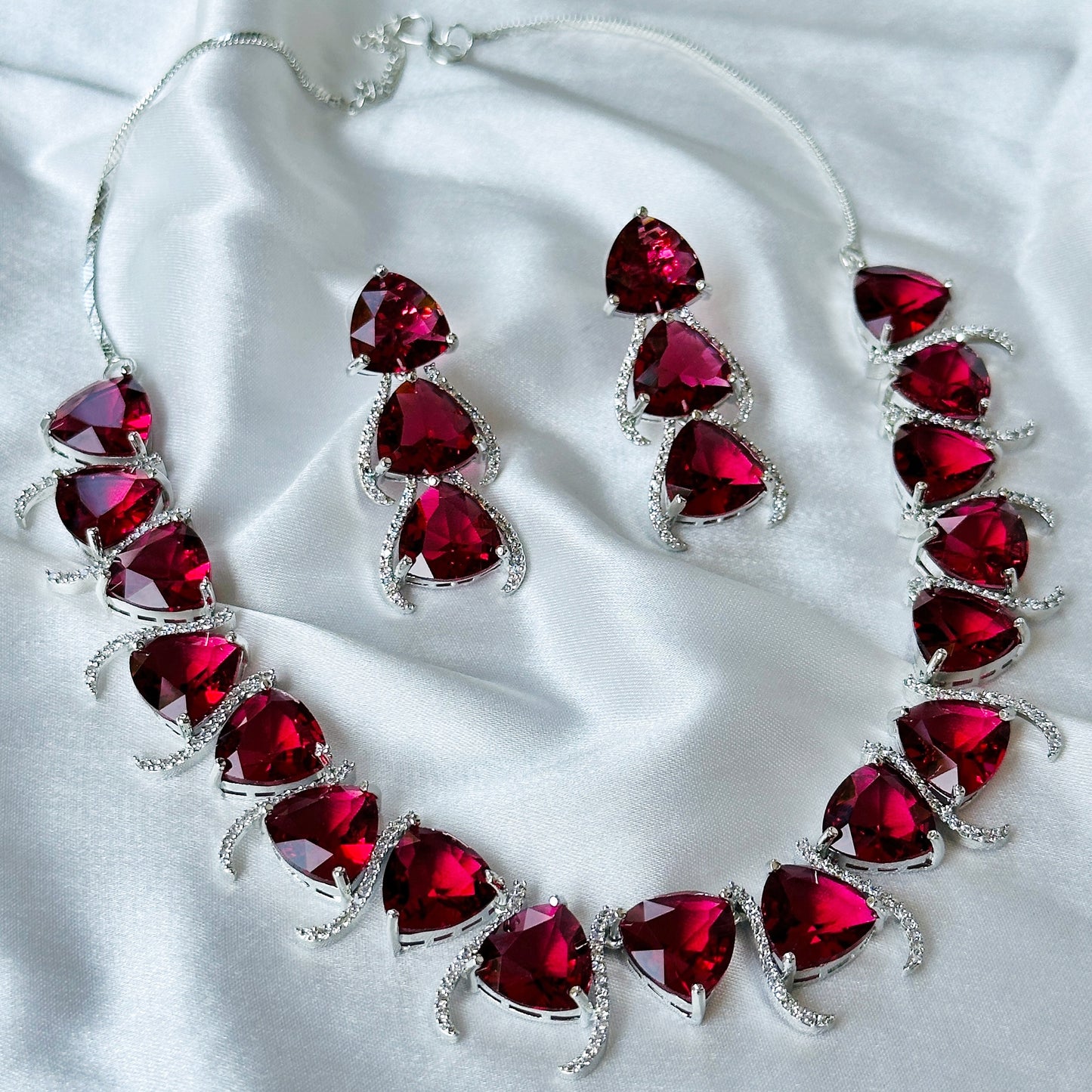 Red Ruby Cubic Zircon Stone American Diamond Silver Plated Necklace Set