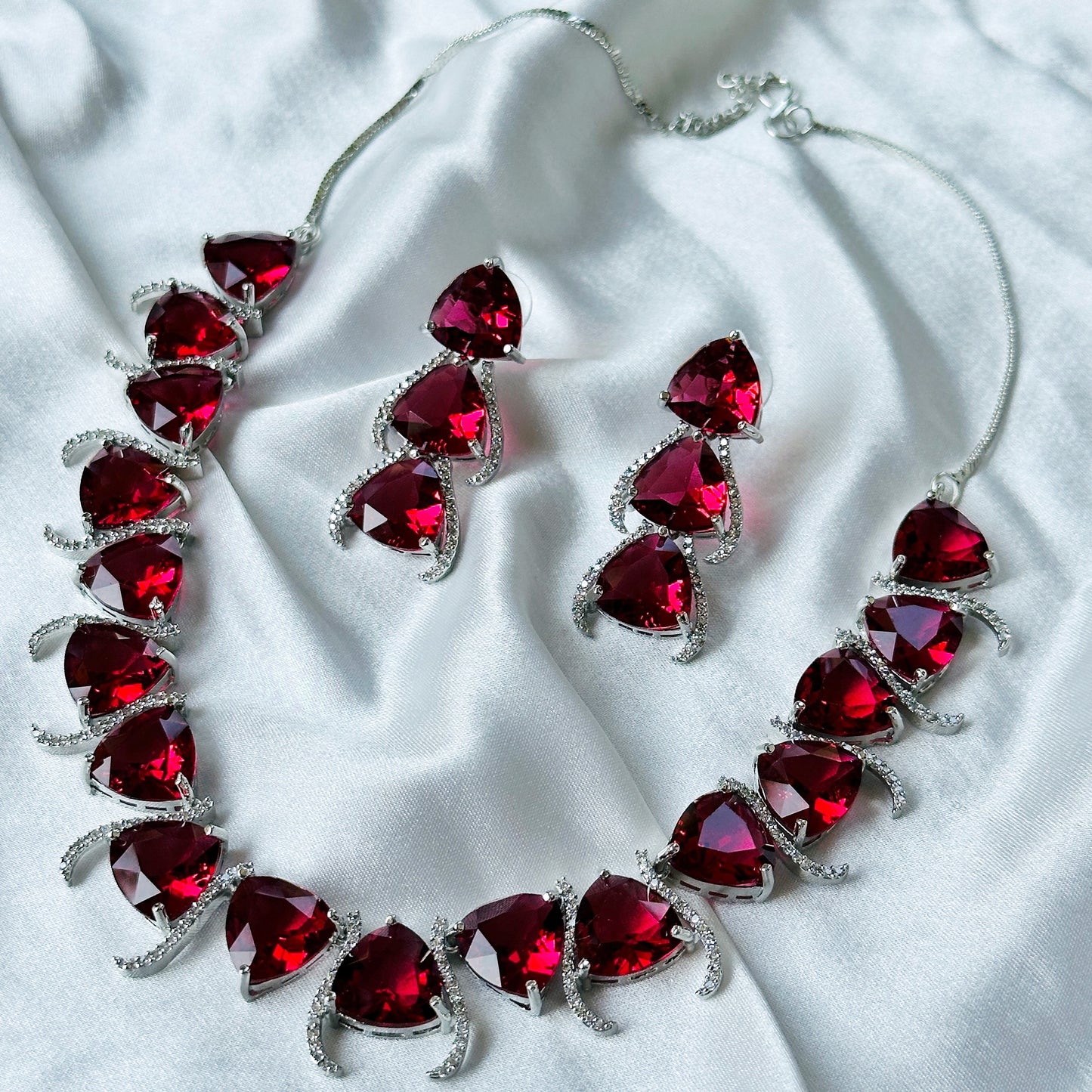 Red Ruby Cubic Zircon Stone American Diamond Silver Plated Necklace Set