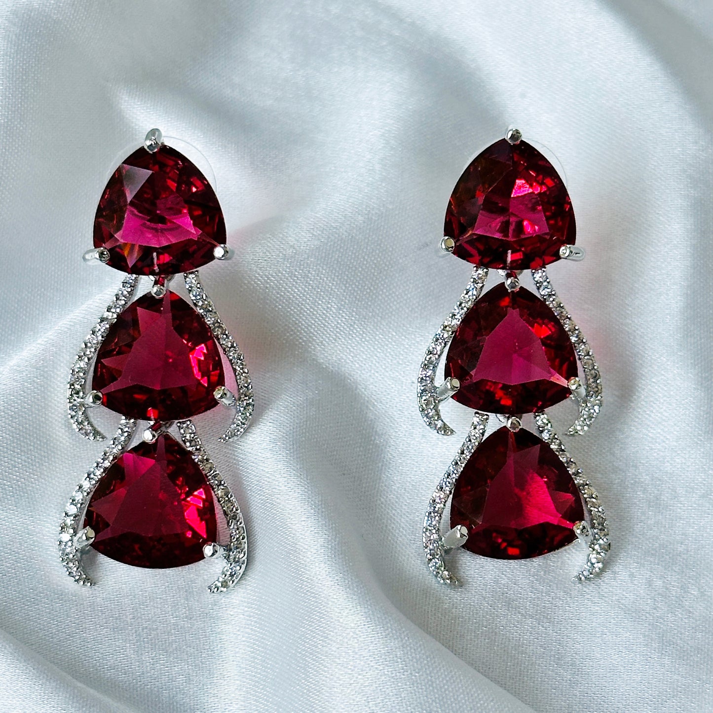 Red Ruby Cubic Zircon Stone American Diamond Silver Plated Necklace Set