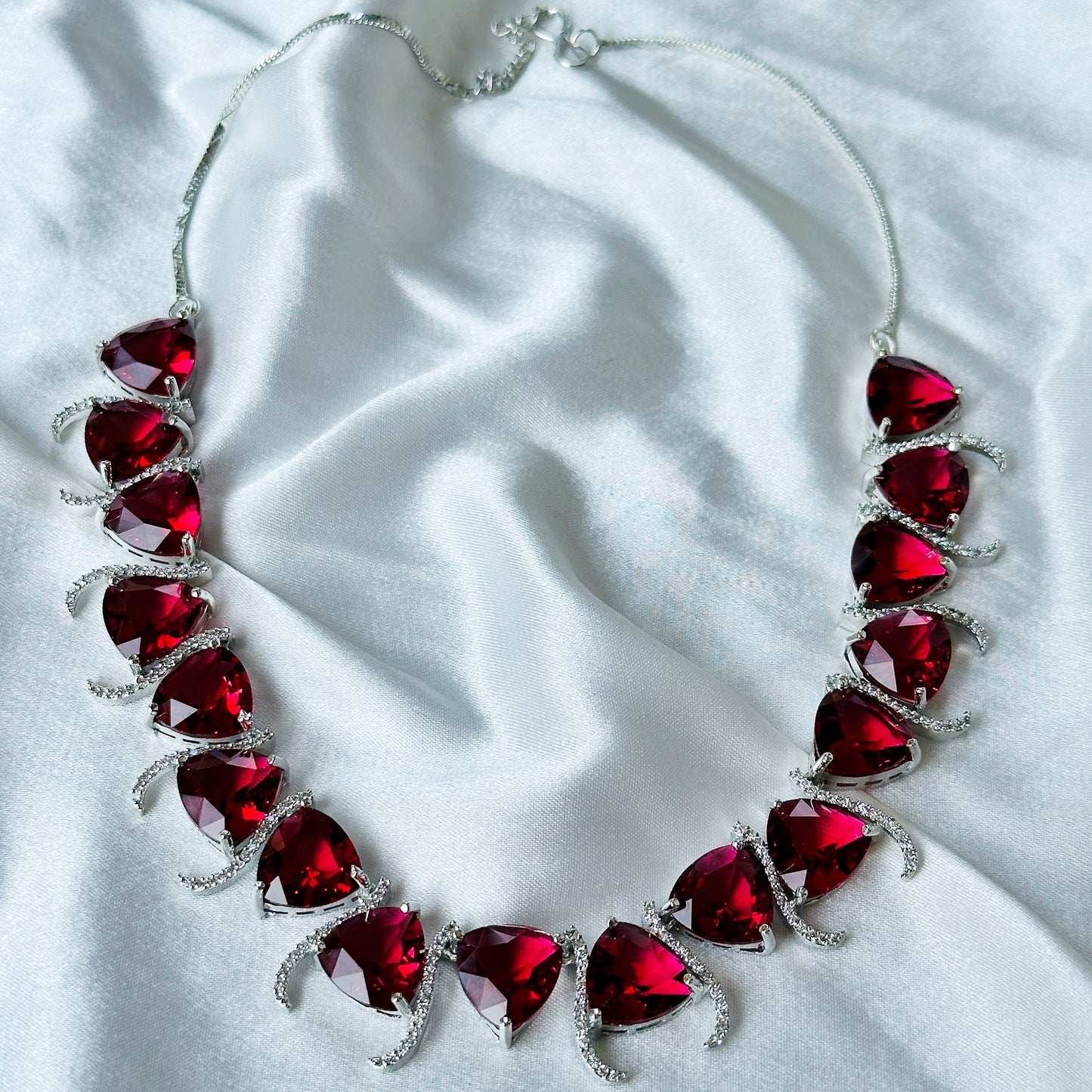 Red Ruby Cubic Zircon Stone American Diamond Silver Plated Necklace Set