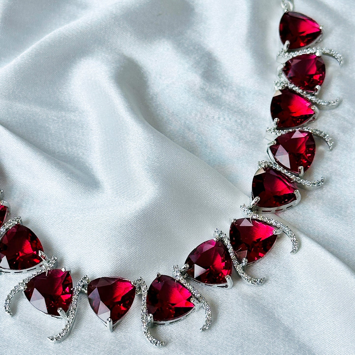 Red Ruby Cubic Zircon Stone American Diamond Silver Plated Necklace Set