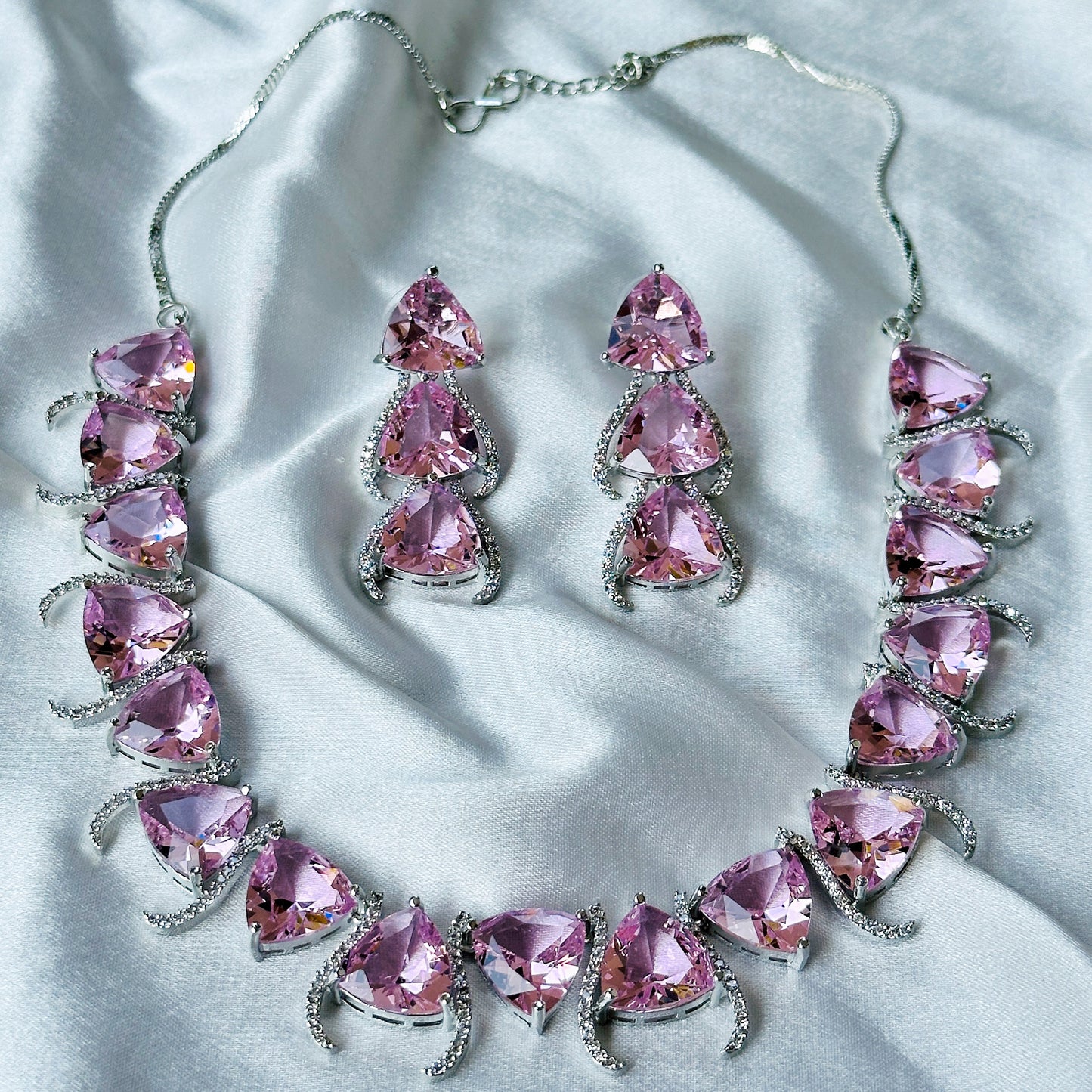Pink Topaz Cubic Zircon Stone American Diamond Silver Plated Necklace Set