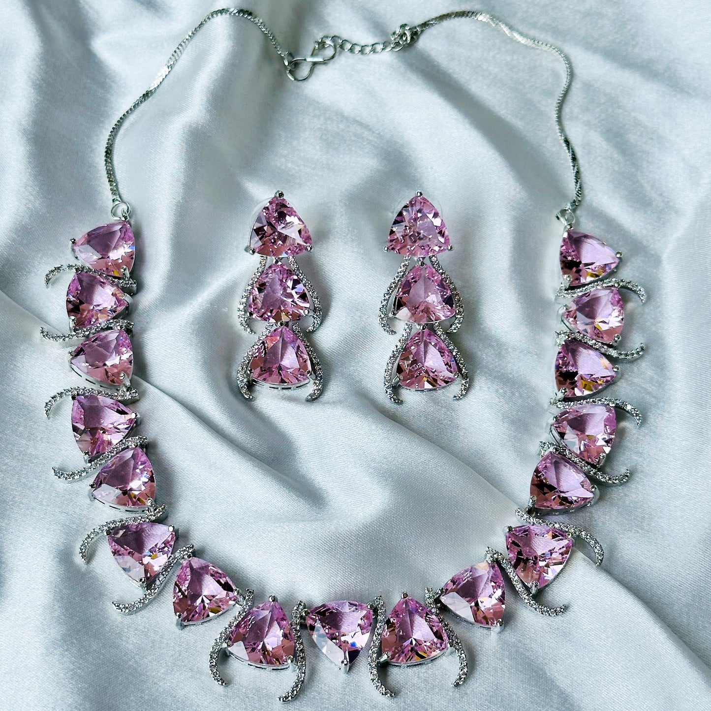 Pink Topaz Cubic Zircon Stone American Diamond Silver Plated Necklace Set