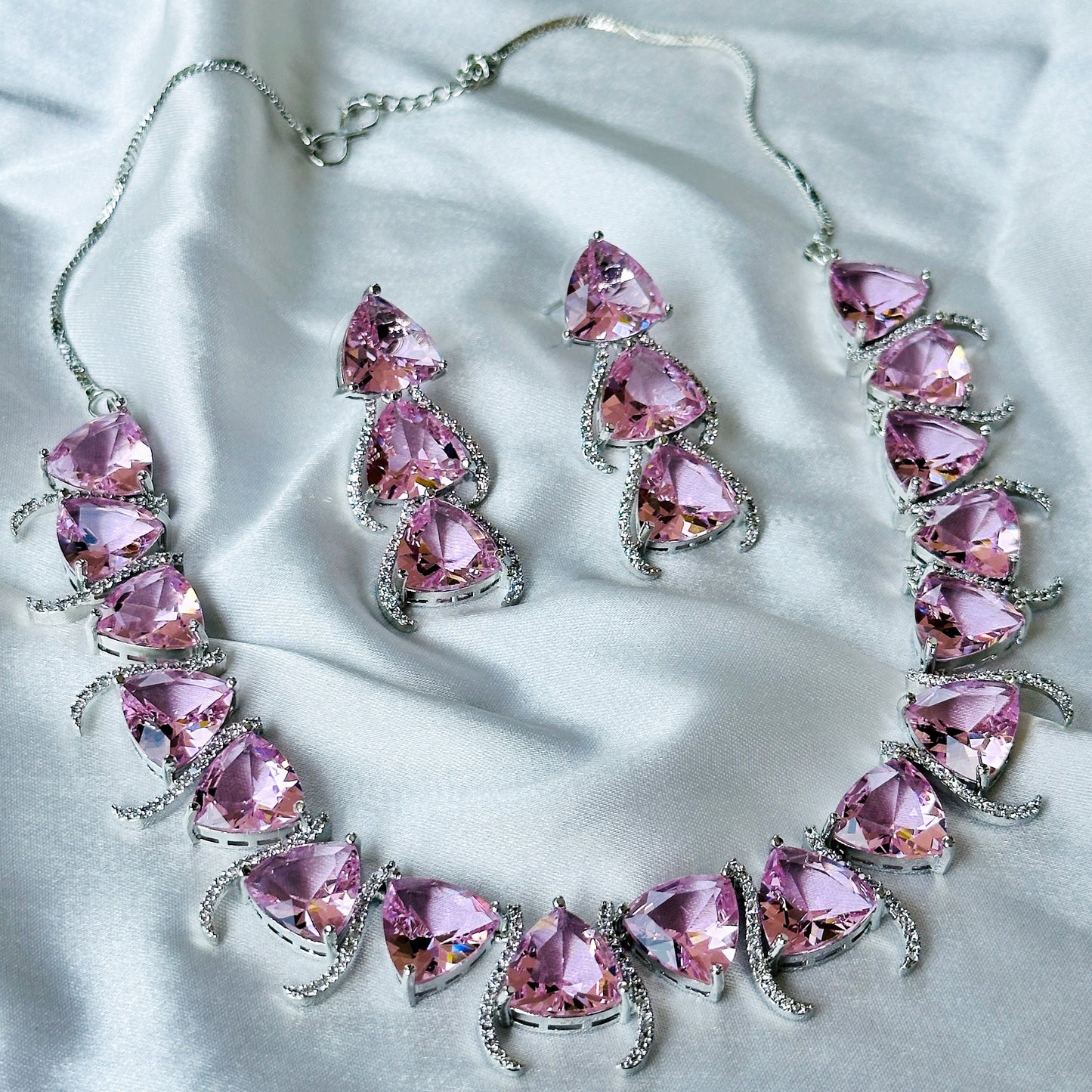 Pink Topaz Cubic Zircon Stone American Diamond Silver Plated Necklace Set