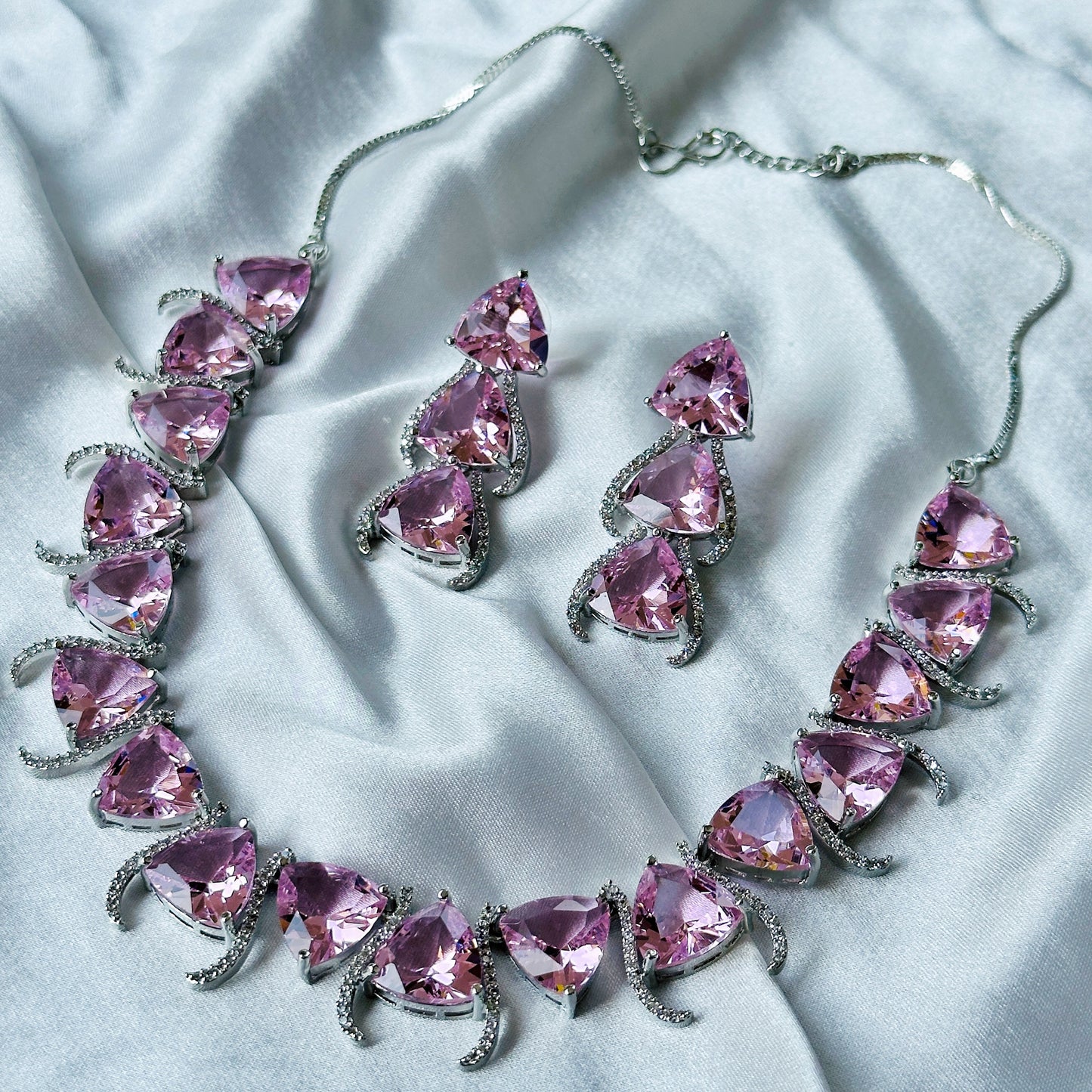 Pink Topaz Cubic Zircon Stone American Diamond Silver Plated Necklace Set
