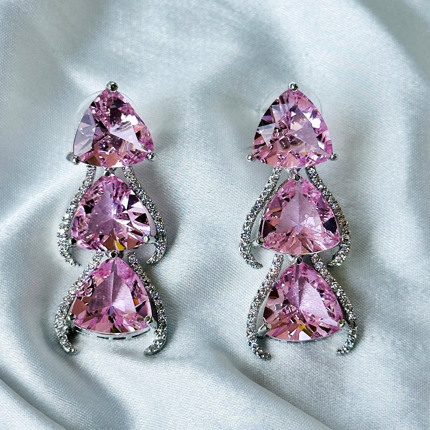 Pink Topaz Cubic Zircon Stone American Diamond Silver Plated Necklace Set