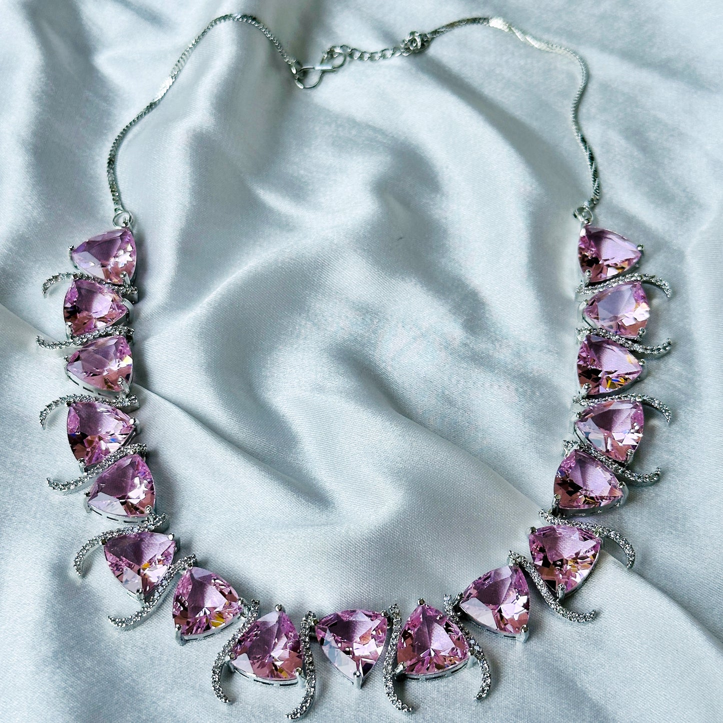 Pink Topaz Cubic Zircon Stone American Diamond Silver Plated Necklace Set