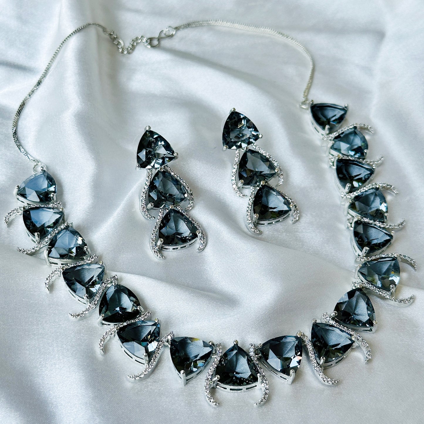 Black Cubic Zircon Stone American Diamond Silver Plated Necklace Set