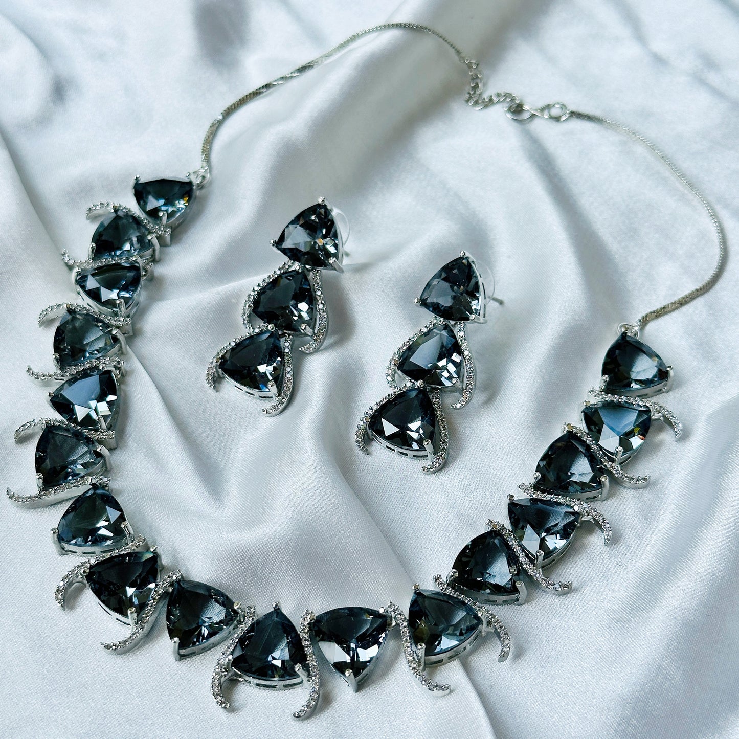 Black Cubic Zircon Stone American Diamond Silver Plated Necklace Set