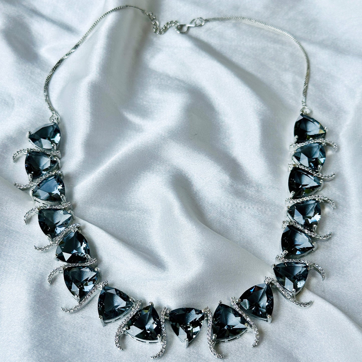 Black Cubic Zircon Stone American Diamond Silver Plated Necklace Set
