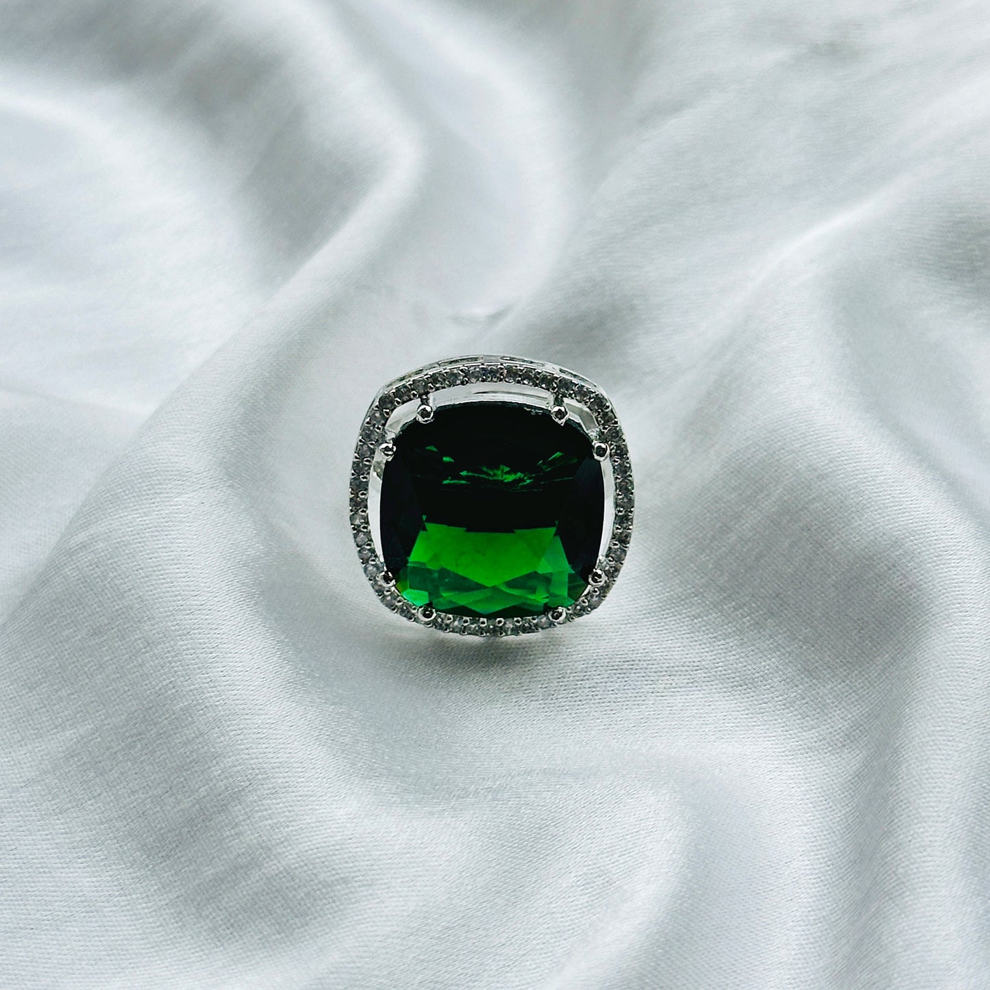 Emerald Cubic Zircon American Diamond Silver Plated Adjustable Ring