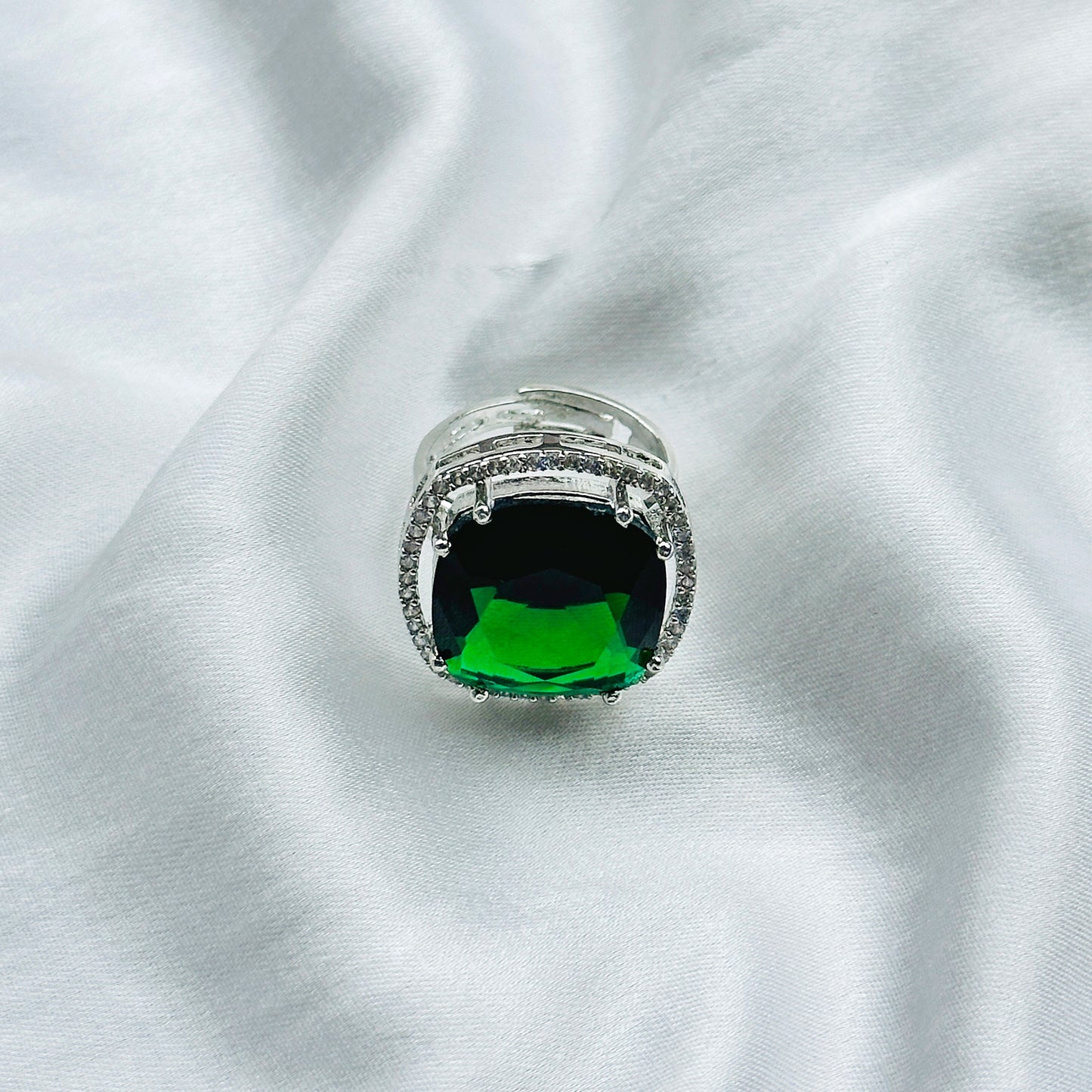 Emerald Cubic Zircon American Diamond Silver Plated Adjustable Ring