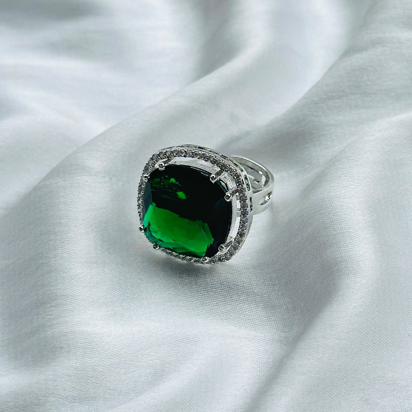 Emerald Cubic Zircon American Diamond Silver Plated Adjustable Ring