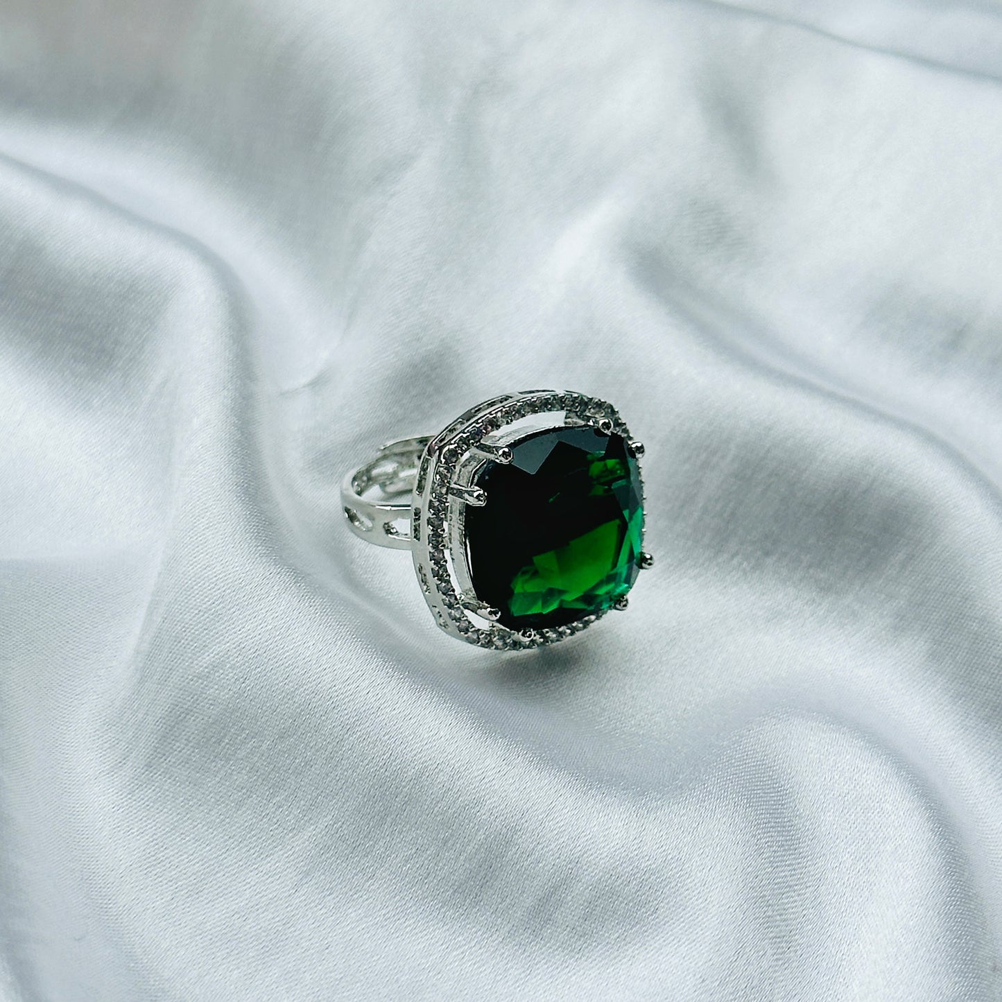 Emerald Cubic Zircon American Diamond Silver Plated Adjustable Ring