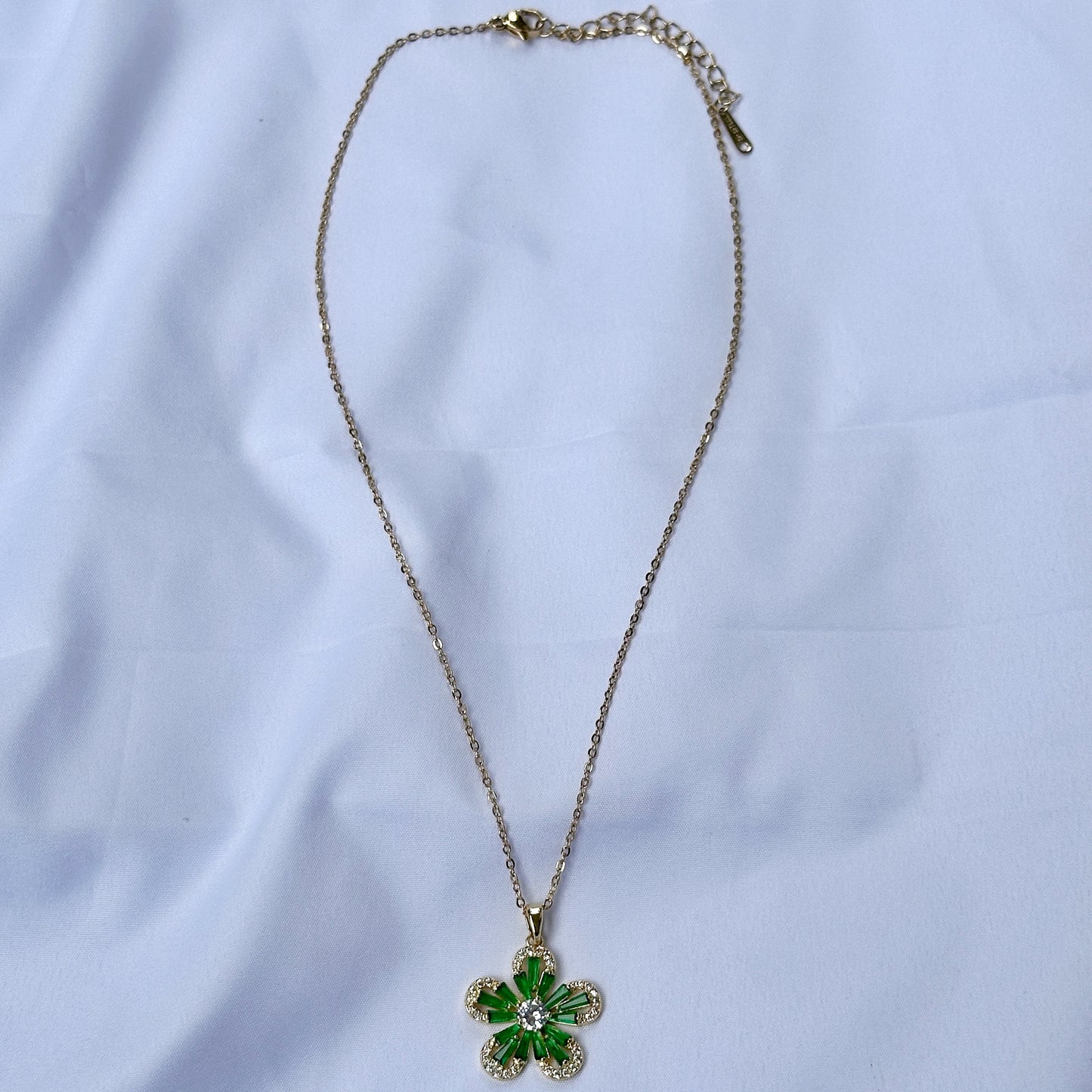 Green Emerald Cubic Zircon American Diamond Gold Plated Stainless Steel Necklace