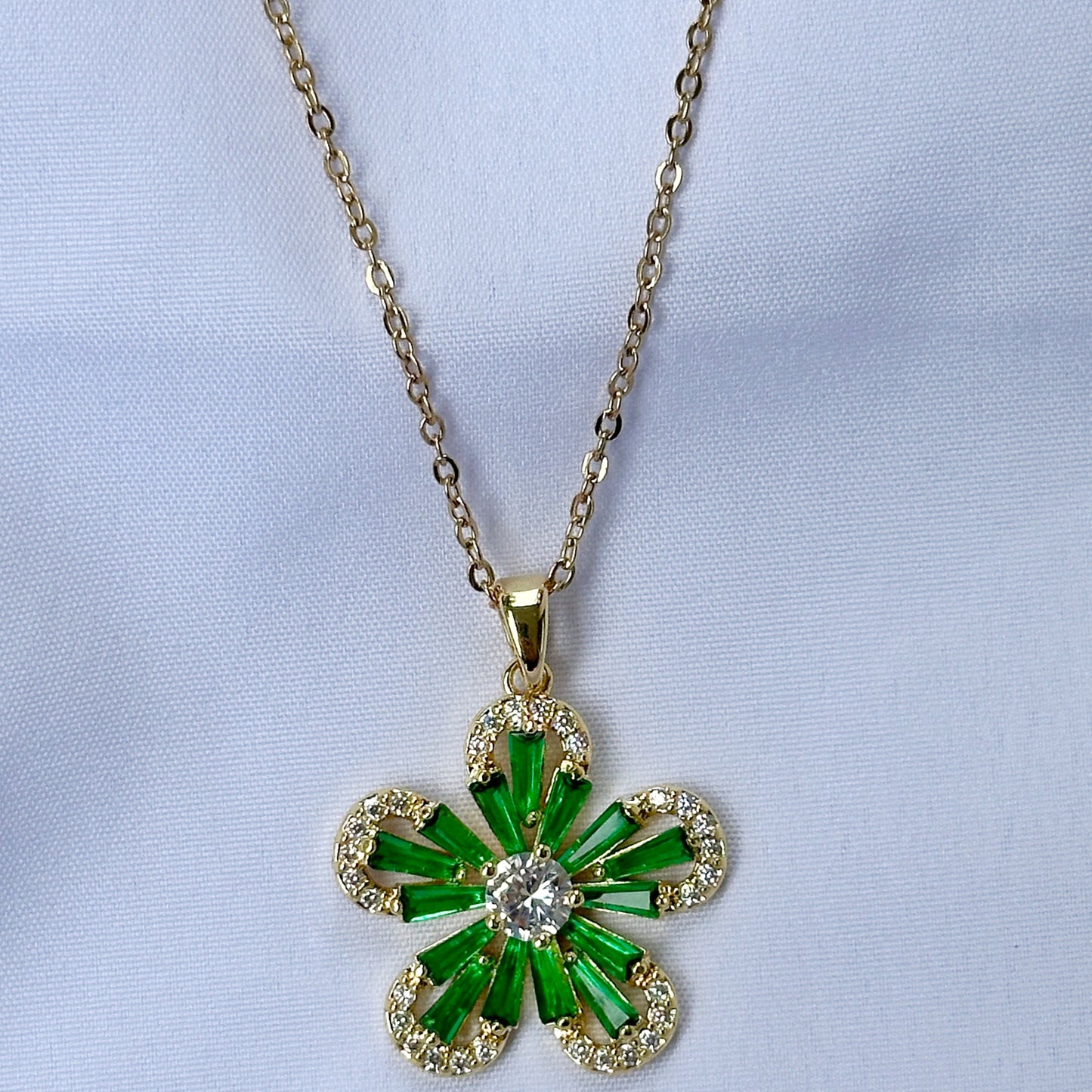 Green Emerald Cubic Zircon American Diamond Gold Plated Stainless Steel Necklace