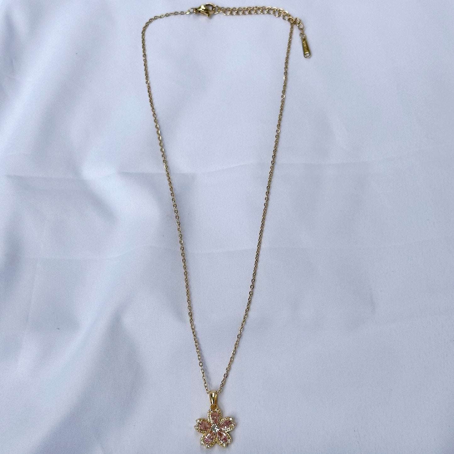 Pink Topaz Cubic Zircon American Diamond Gold Plated Stainless Steel Necklace