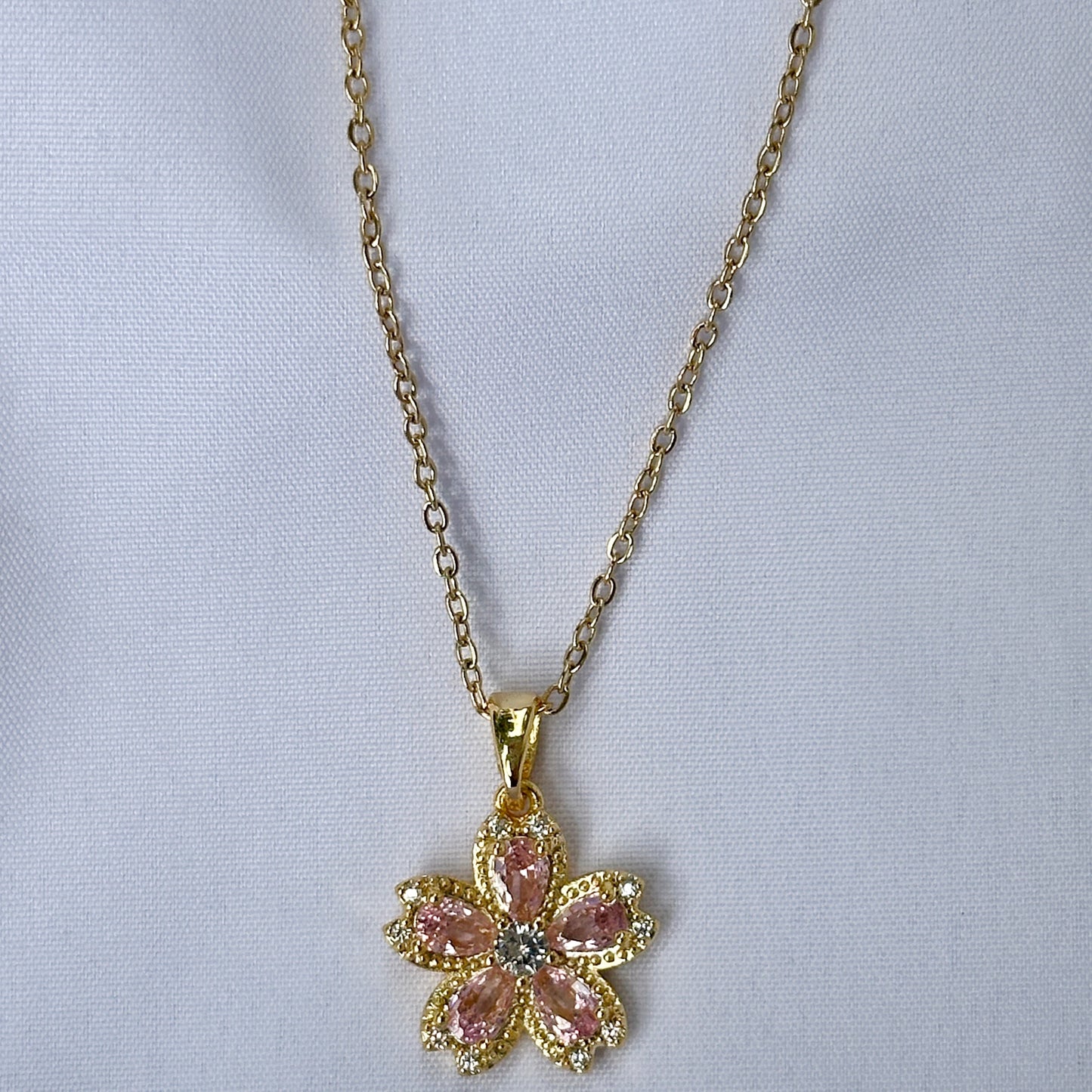 Pink Topaz Cubic Zircon American Diamond Gold Plated Stainless Steel Necklace
