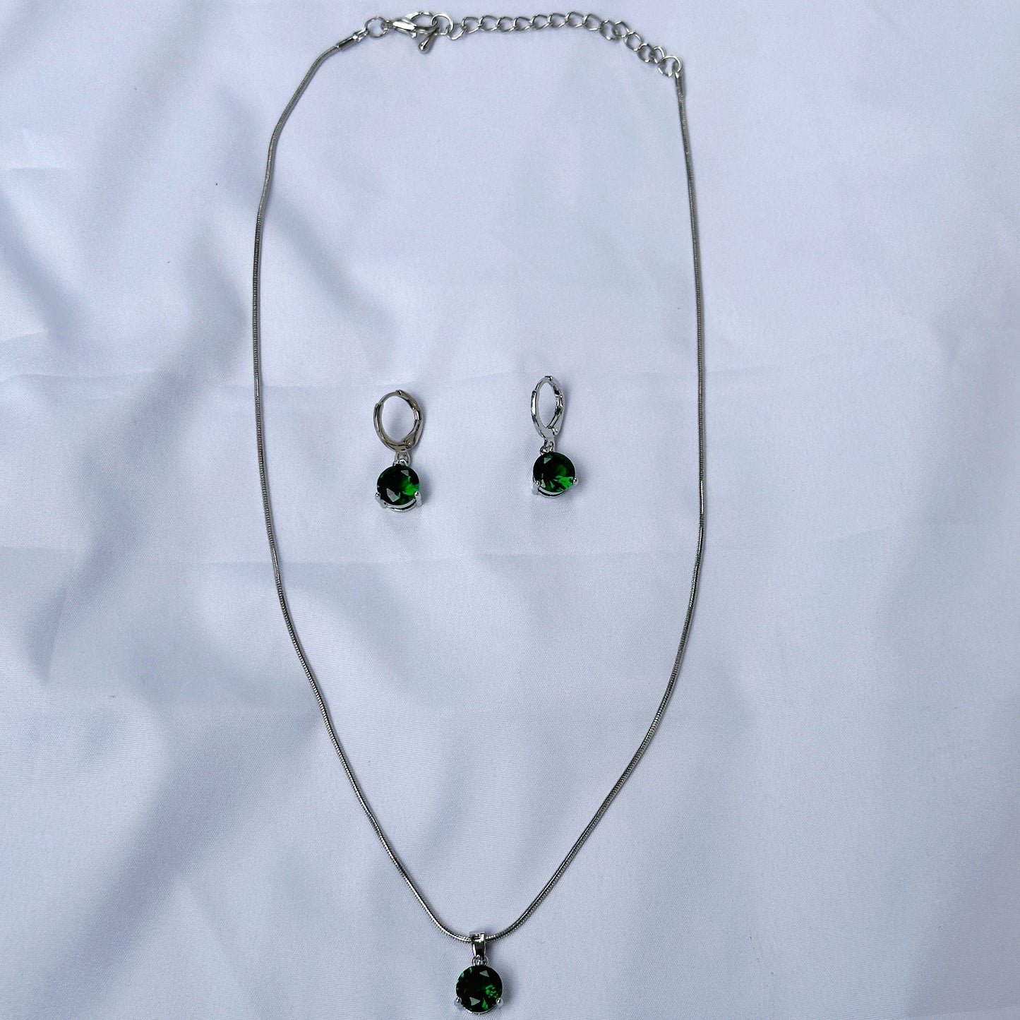 Green Emerald Cubic Zircon Silver Plated Pendant Set