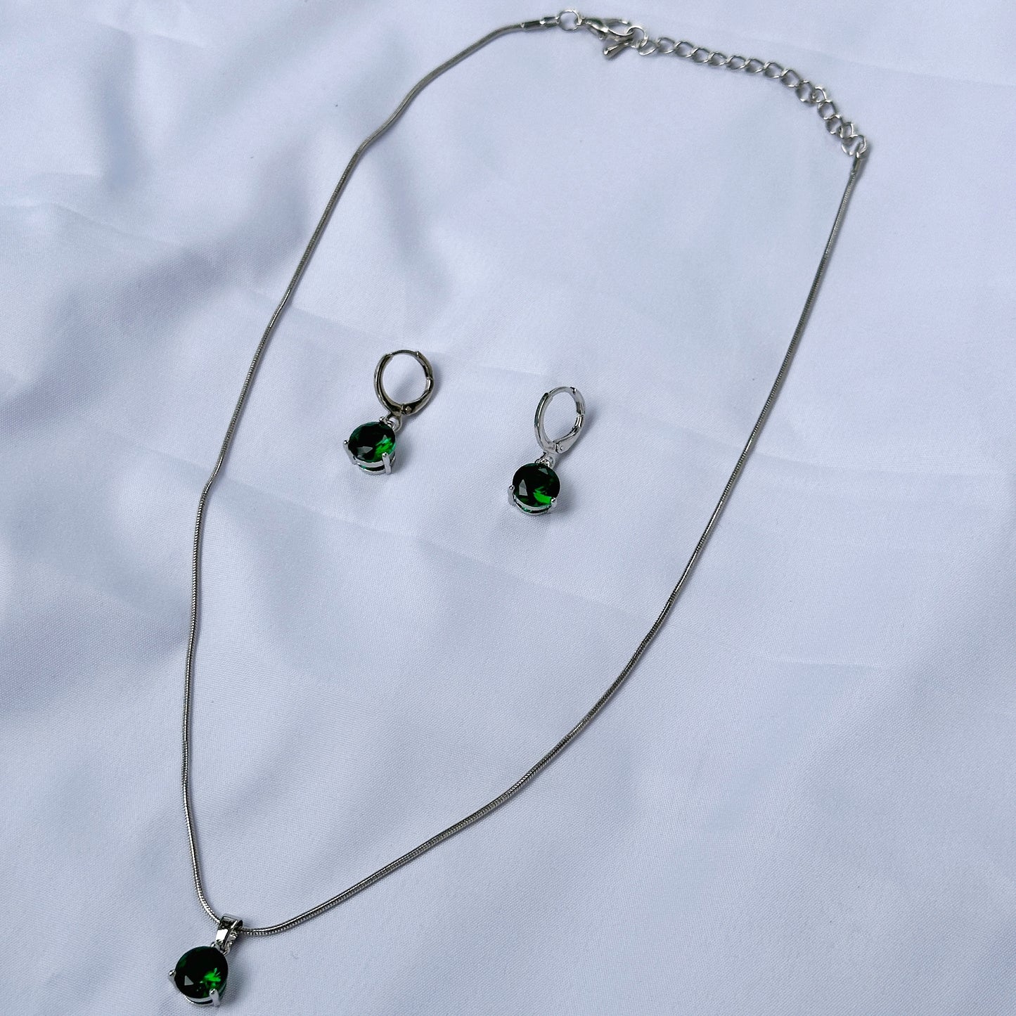 Green Emerald Cubic Zircon Silver Plated Pendant Set