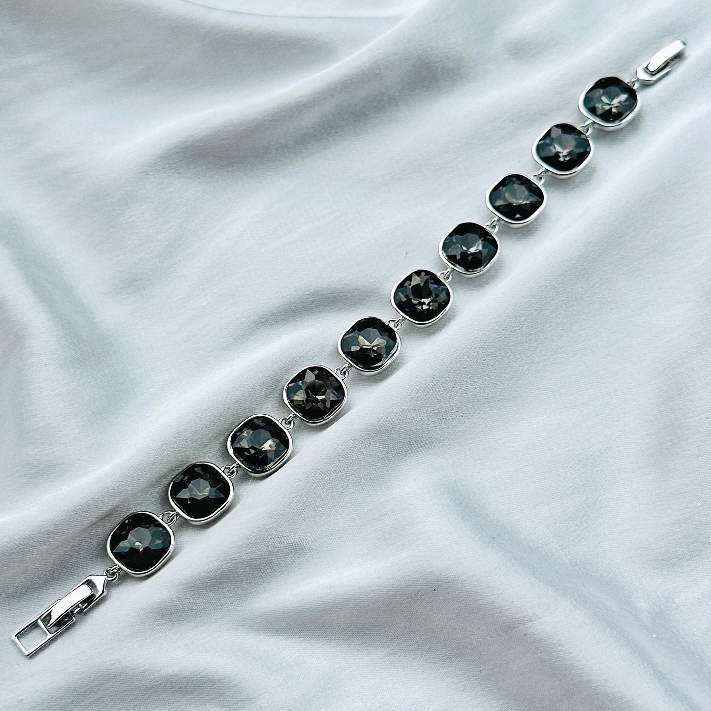 Black Morion Swarovski Crystal Silver Plated Chain Bracelet