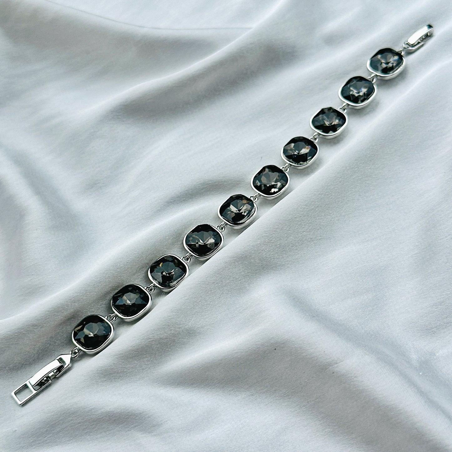 Black Morion Swarovski Crystal Silver Plated Chain Bracelet
