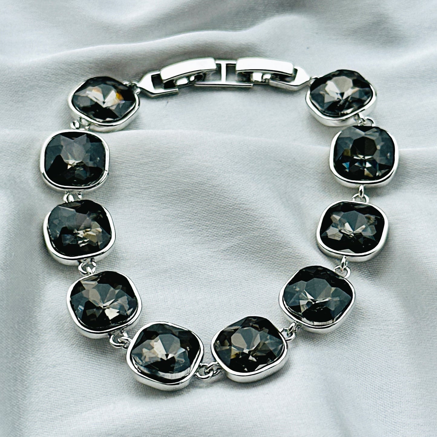Black Morion Swarovski Crystal Silver Plated Chain Bracelet