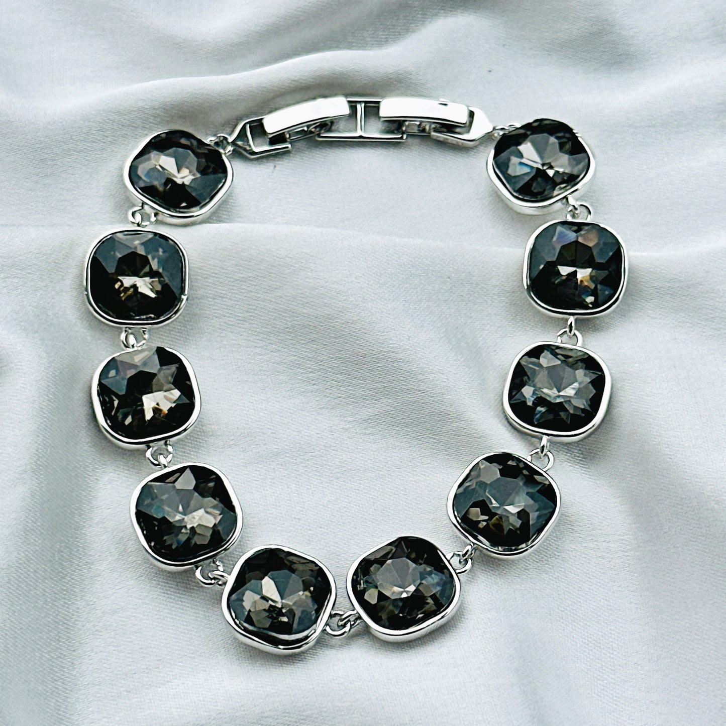 Black Morion Swarovski Crystal Silver Plated Chain Bracelet