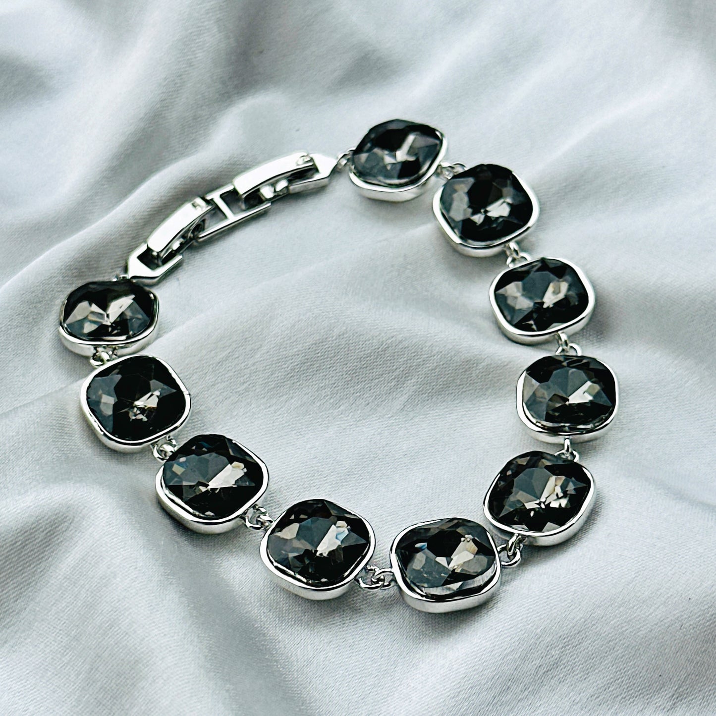 Black Morion Swarovski Crystal Silver Plated Chain Bracelet