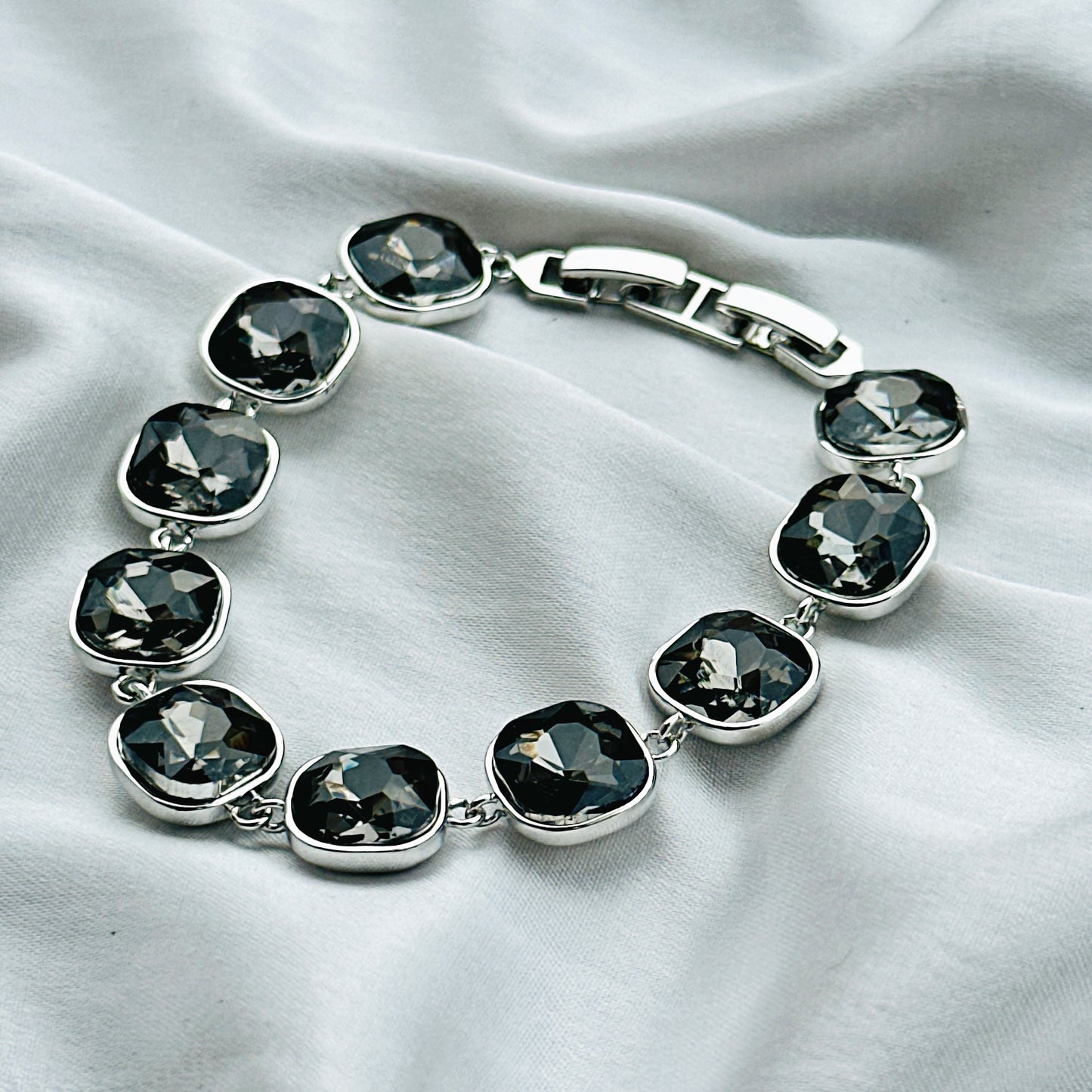 Black Morion Swarovski Crystal Silver Plated Chain Bracelet