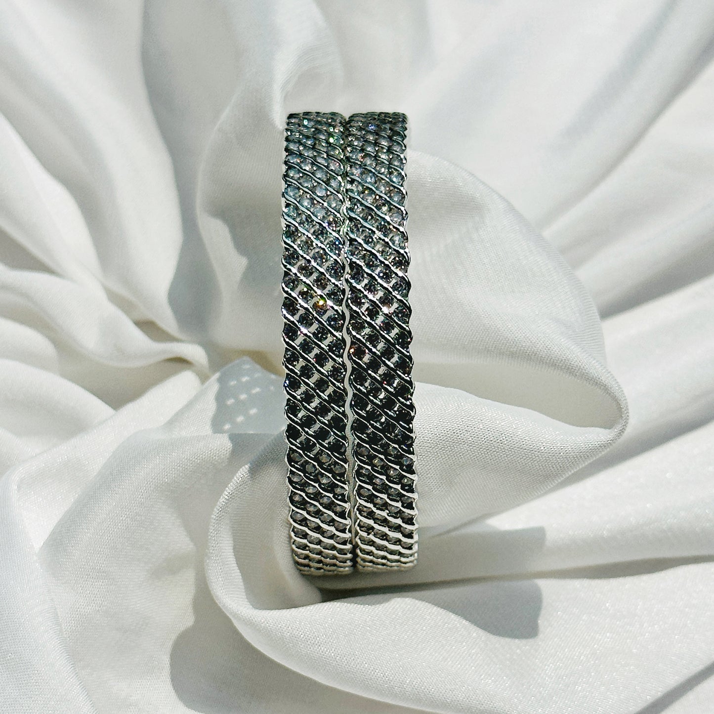 Solitaire Cubic Zirconia American Diamond Silver Plated Bangles, Set of 2