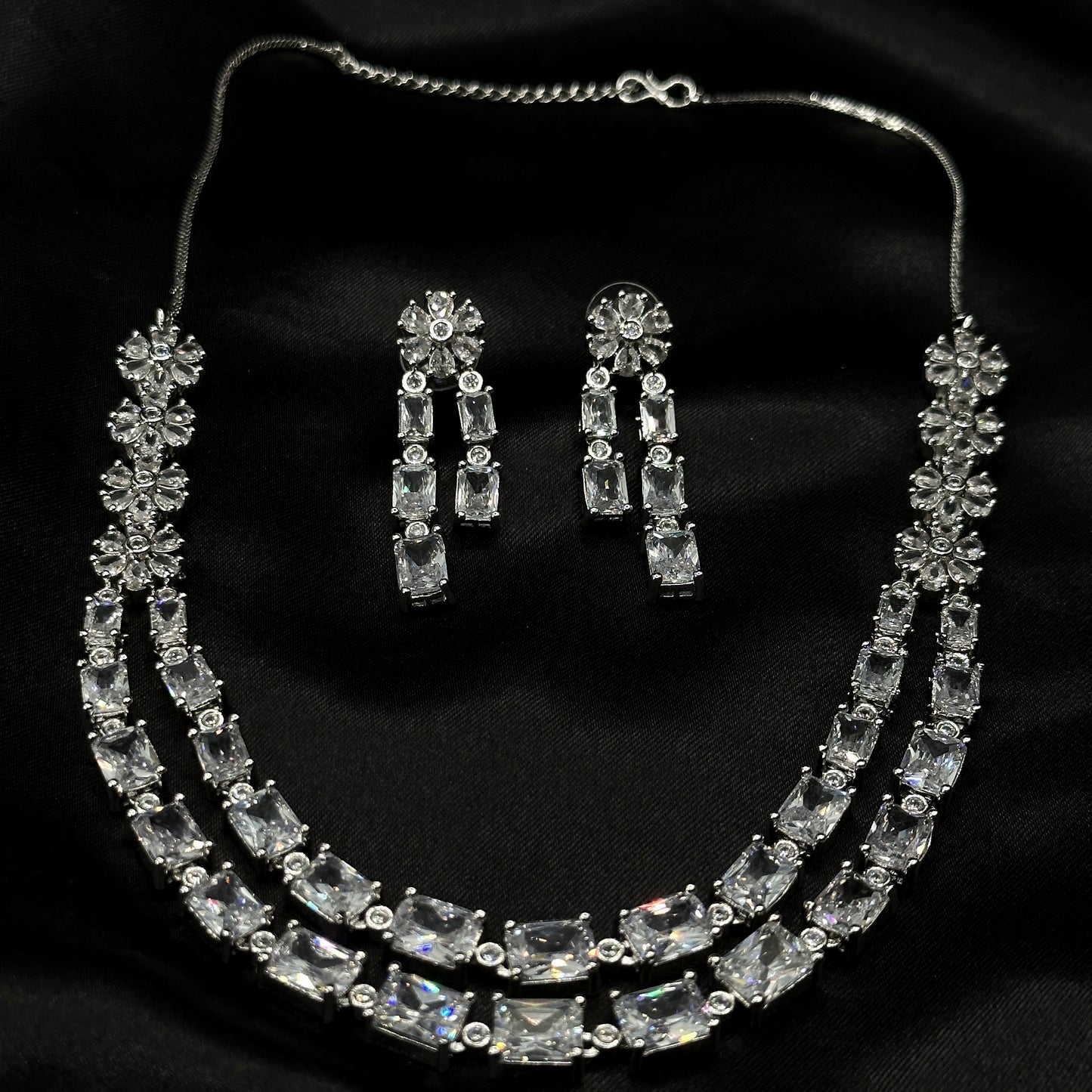 White Cubic Zircon Double Chain American Diamond Silver Plated Necklace Set