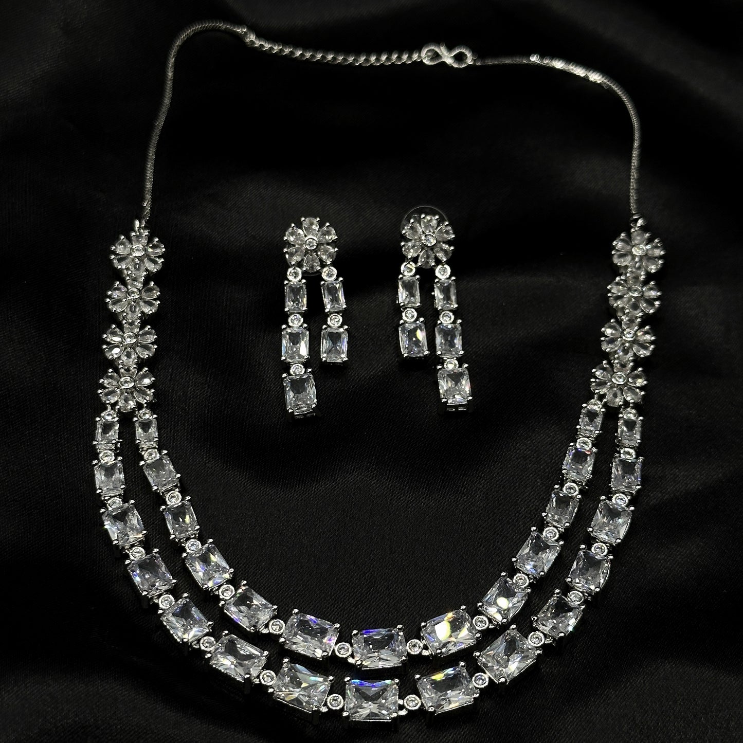 White Cubic Zircon Double Chain American Diamond Silver Plated Necklace Set