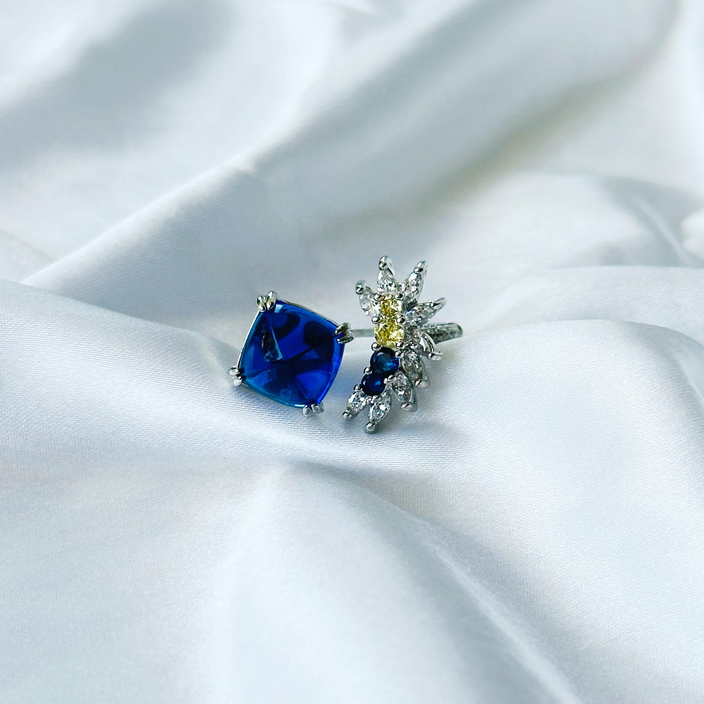 Blue Sapphire/Yellow Topaz Cubic Zircon American Diamond Silver Plated Adjustable Ring