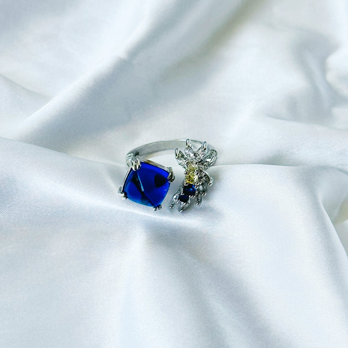 Blue Sapphire/Yellow Topaz Cubic Zircon American Diamond Silver Plated Adjustable Ring
