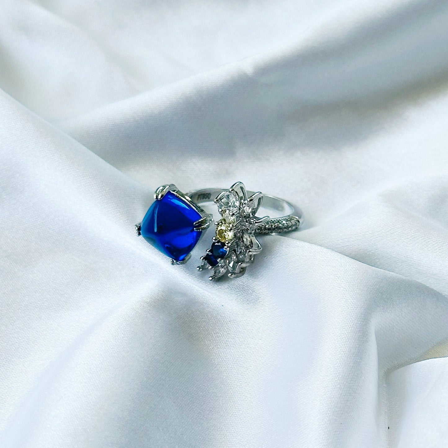 Blue Sapphire & Yellow Topaz Cubic Zirconia Ice Cut American Diamond Silver Plated Adjustable Ring