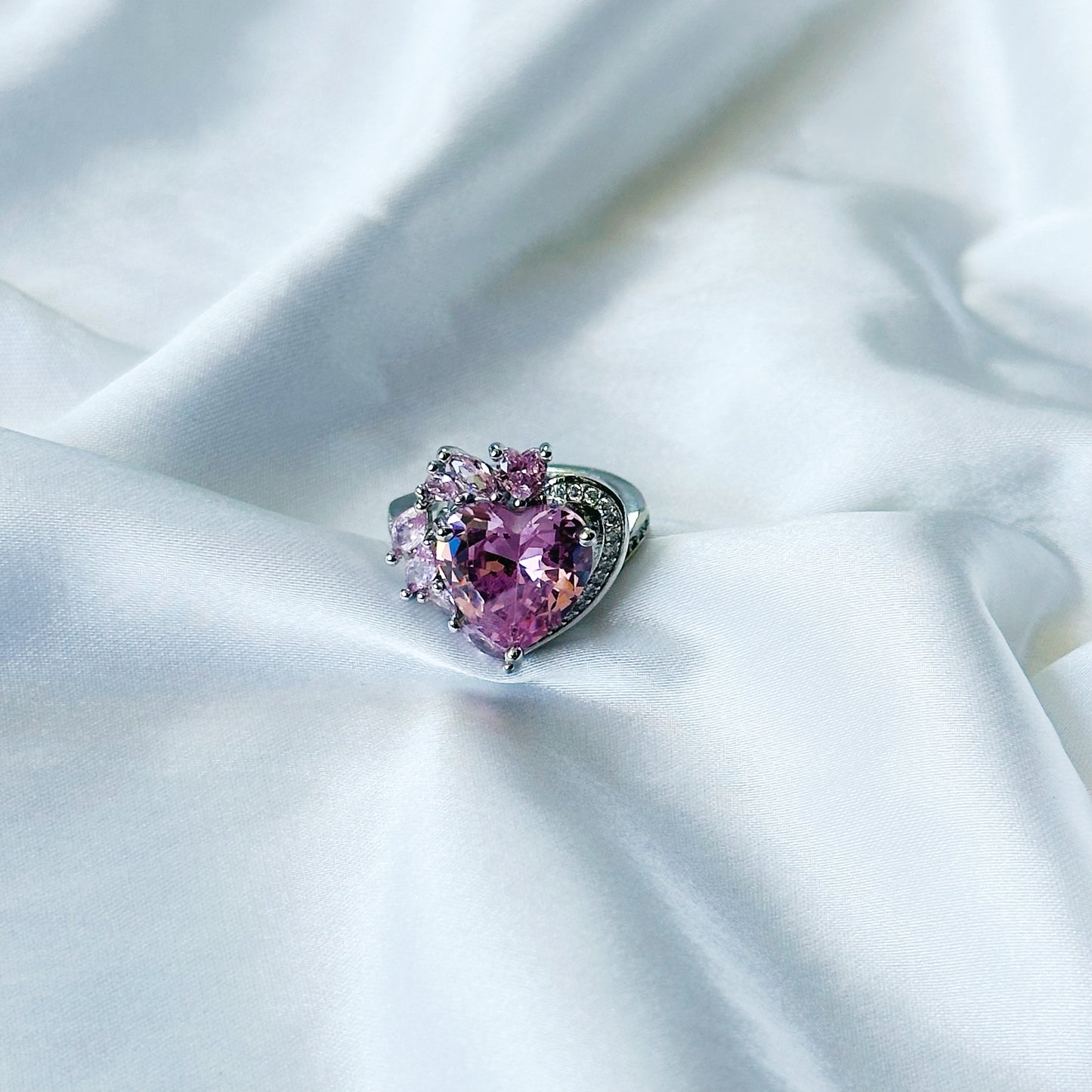 Pink Topaz Cubic Zircon American Diamond Silver Plated Adjustable Ring