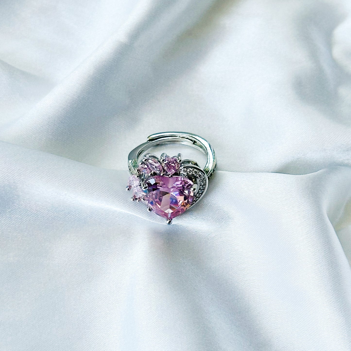 Pink Topaz Cubic Zircon American Diamond Silver Plated Adjustable Ring