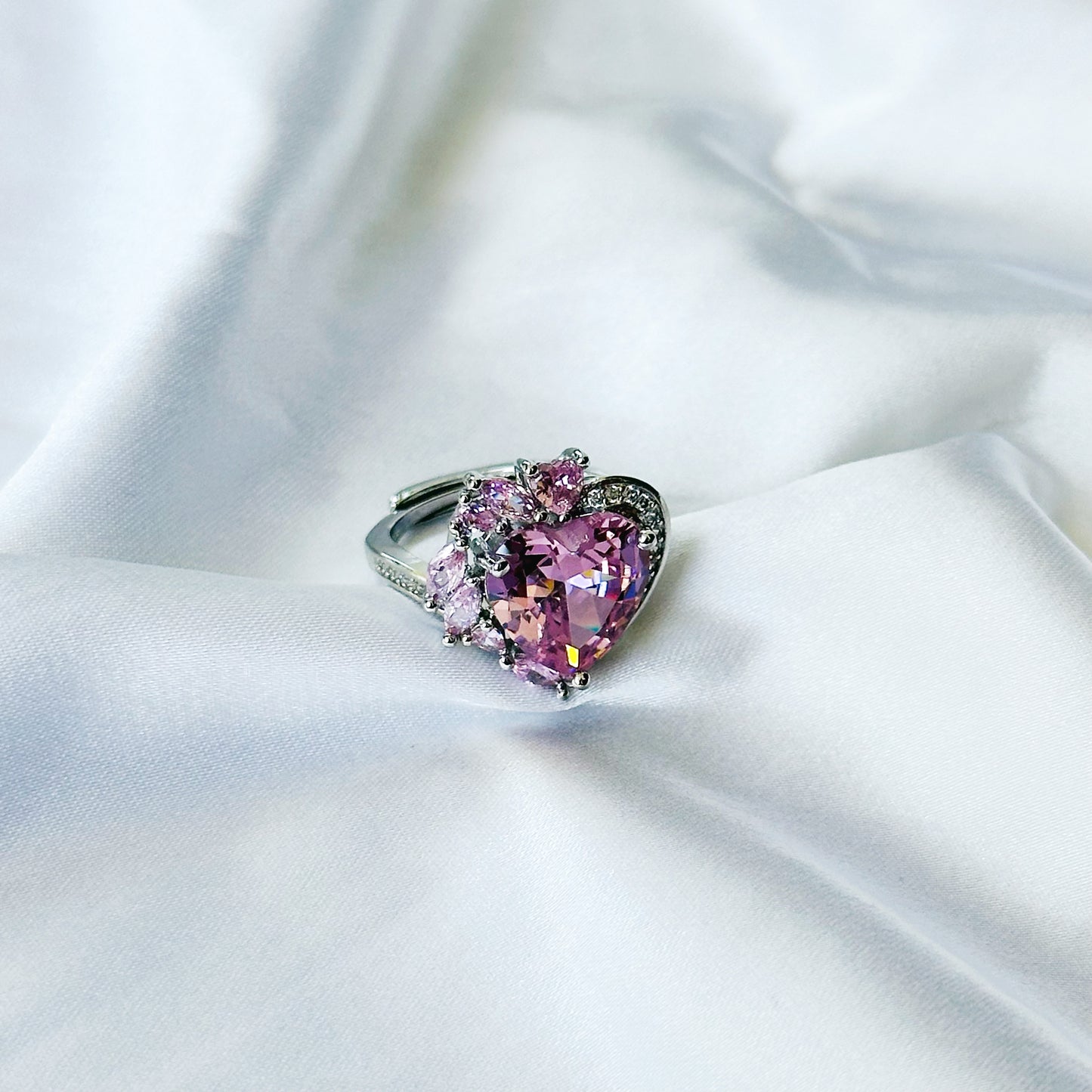 Pink Topaz Cubic Zircon American Diamond Silver Plated Adjustable Ring